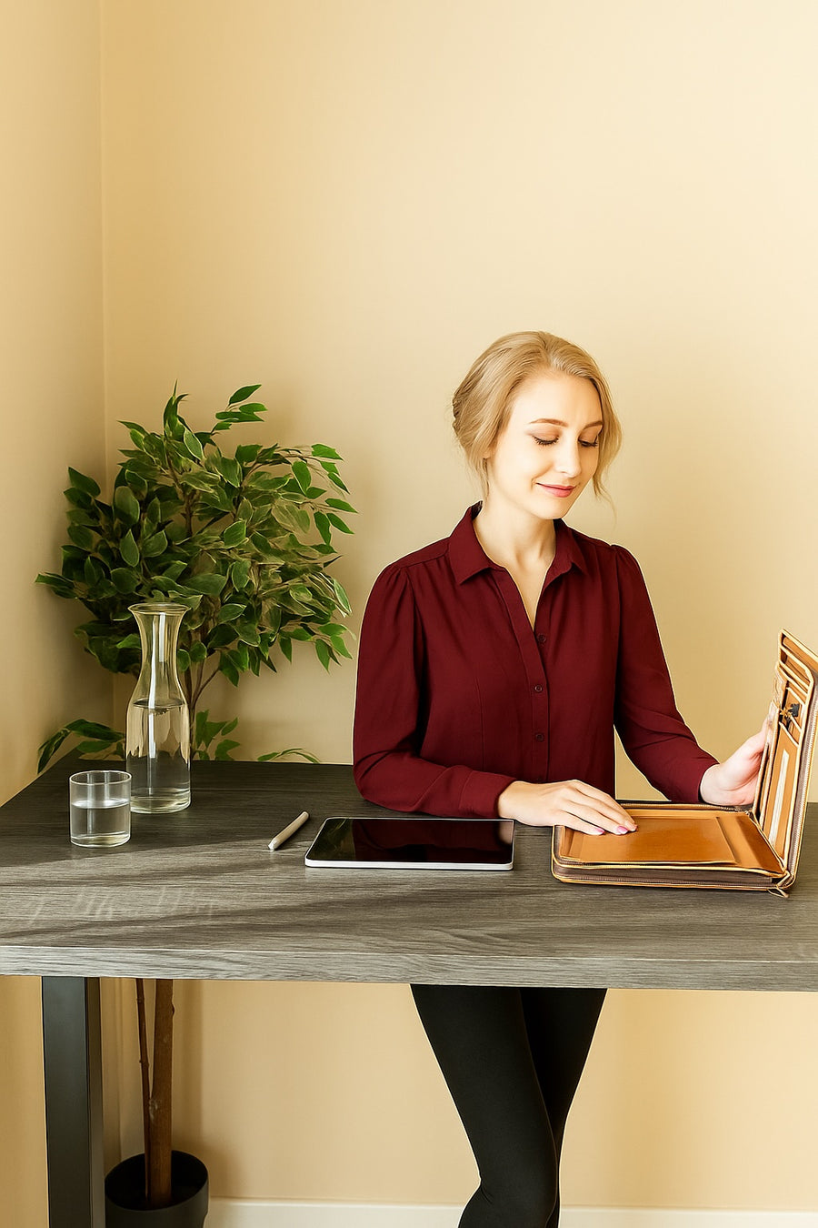 Scandinavian-style standing desk in a bright, modern living space with natural light
