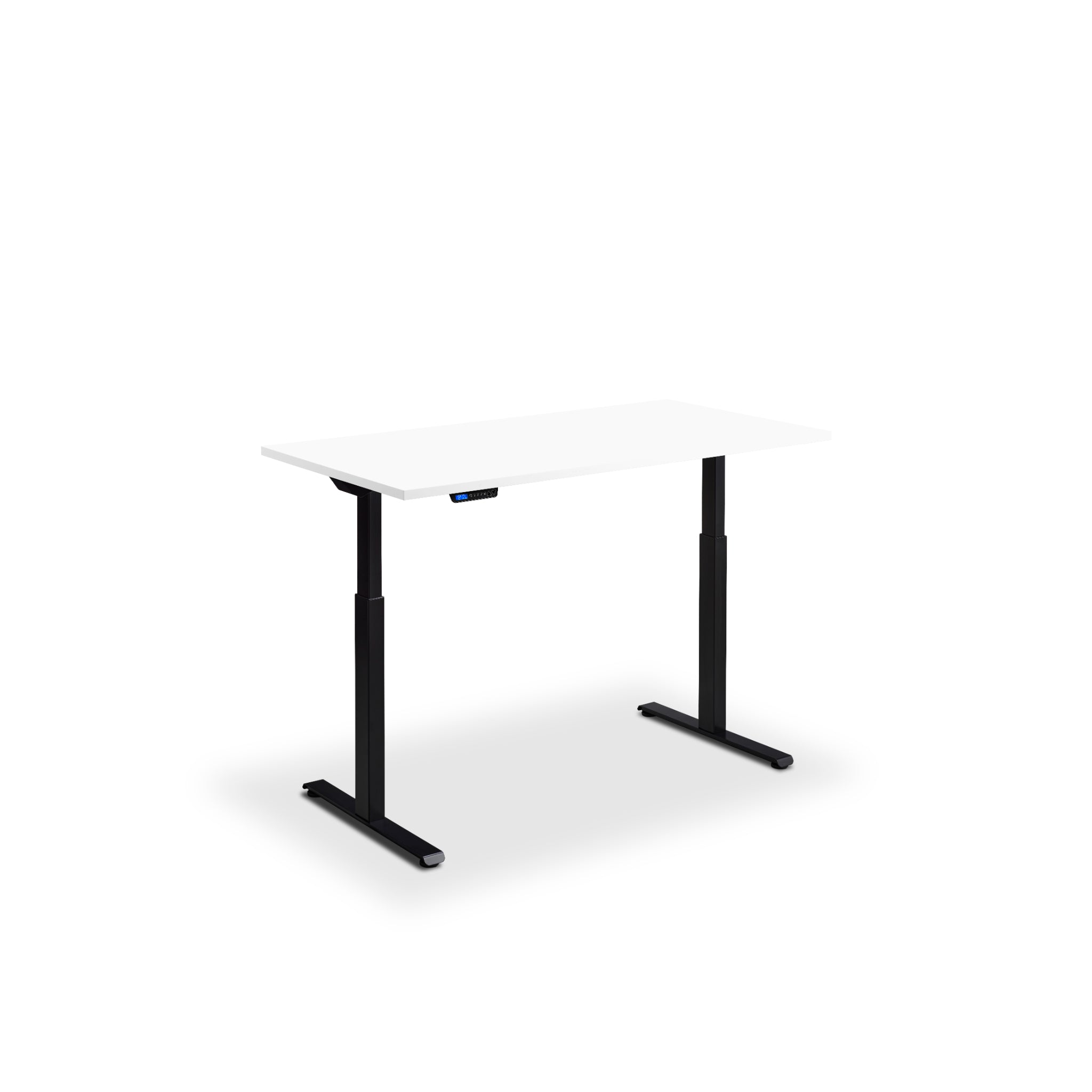 Quiet motor standing desk with black frame and white desktop