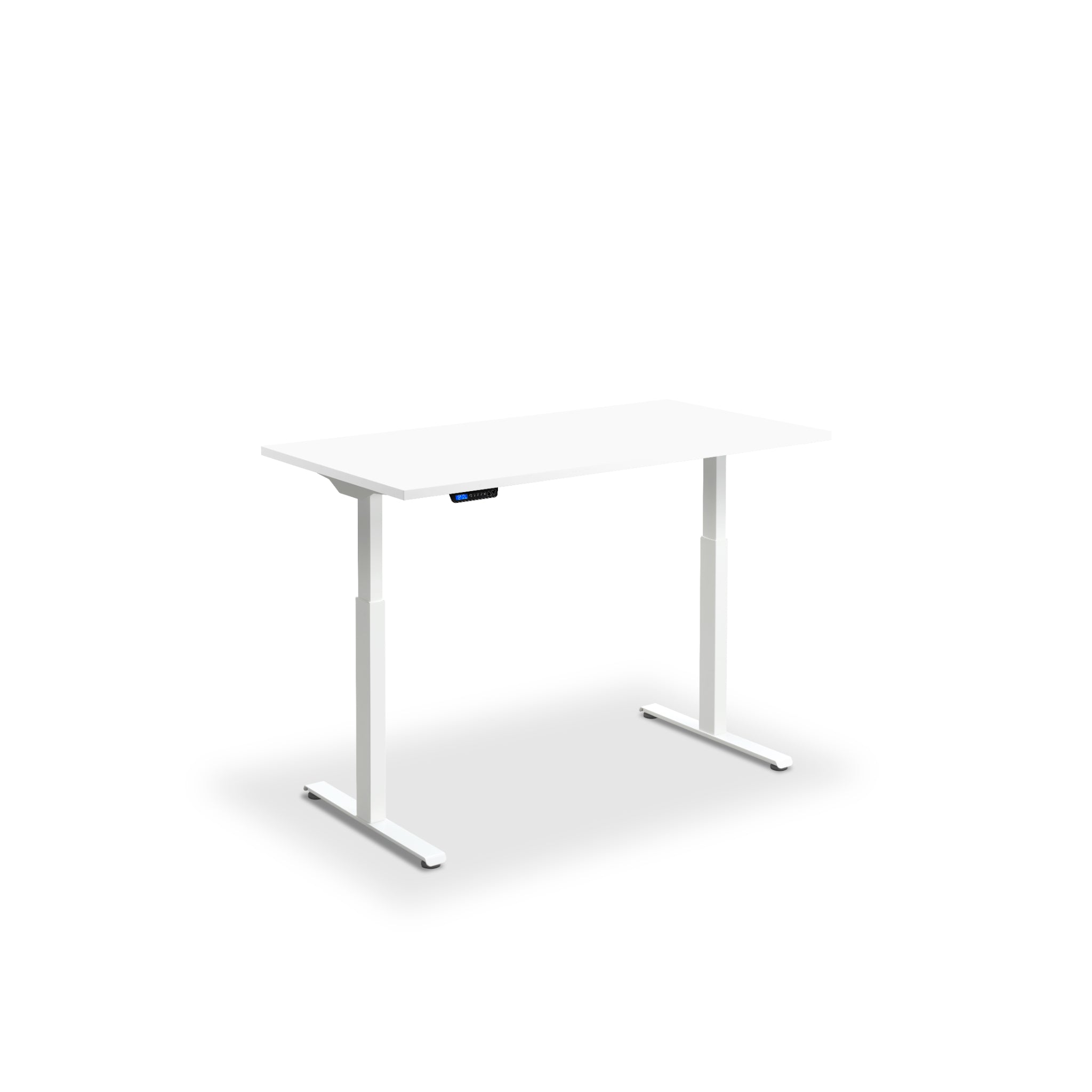 Quiet motor standing desk with white frame and white desktop