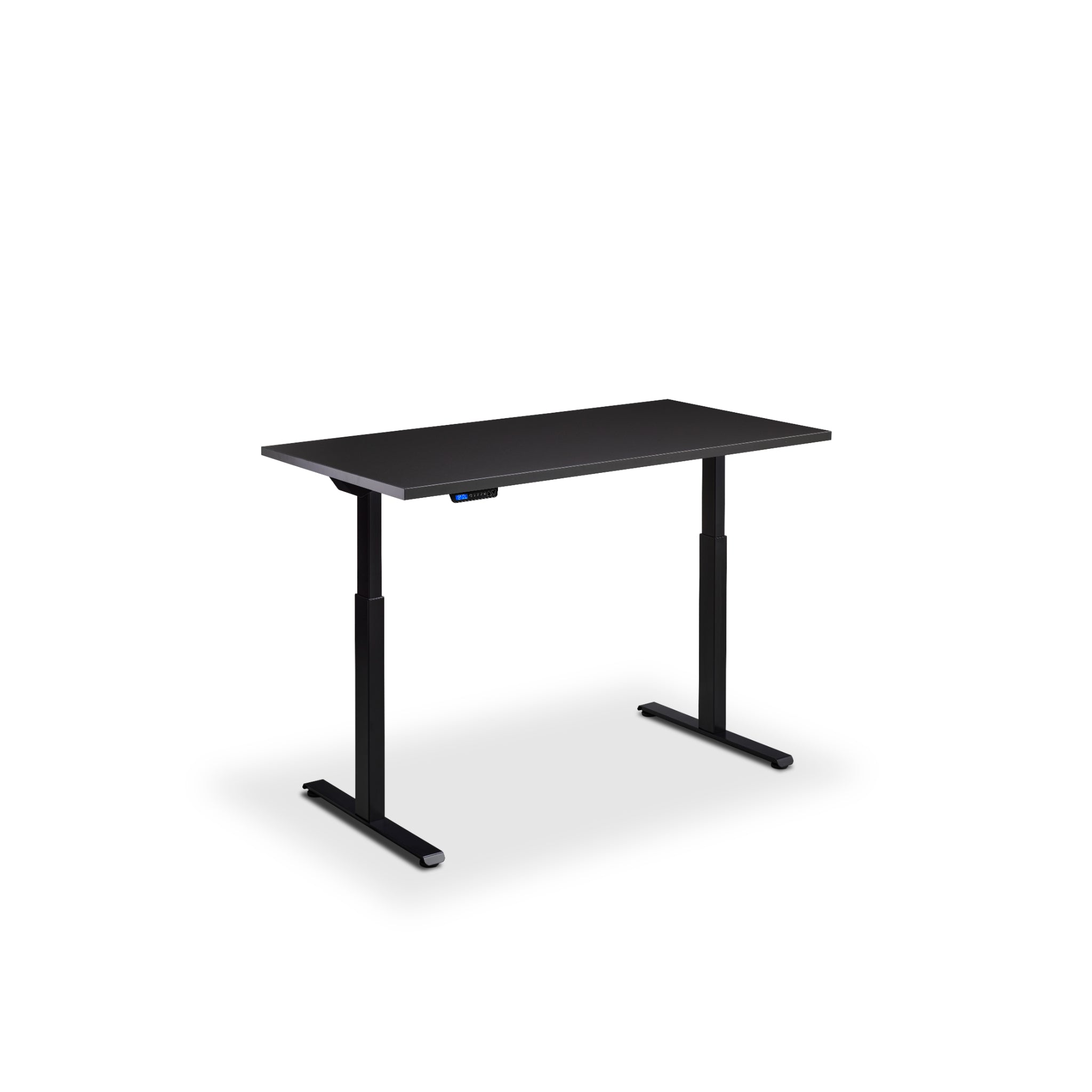 Quiet motor standing desk with black frame and soft black desktop