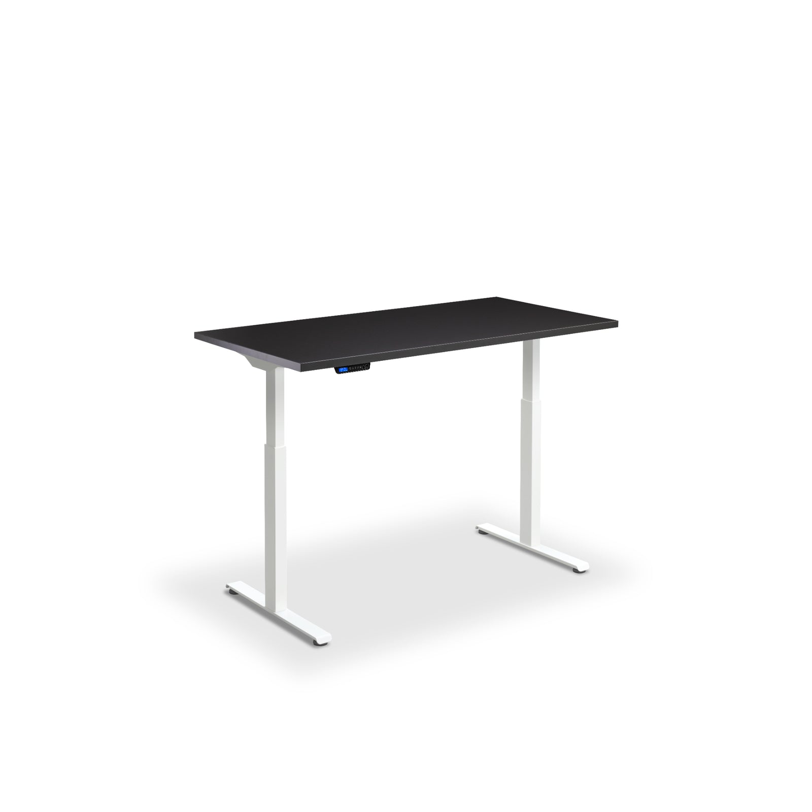 Quiet motor standing desk with white frame and soft black desktop
