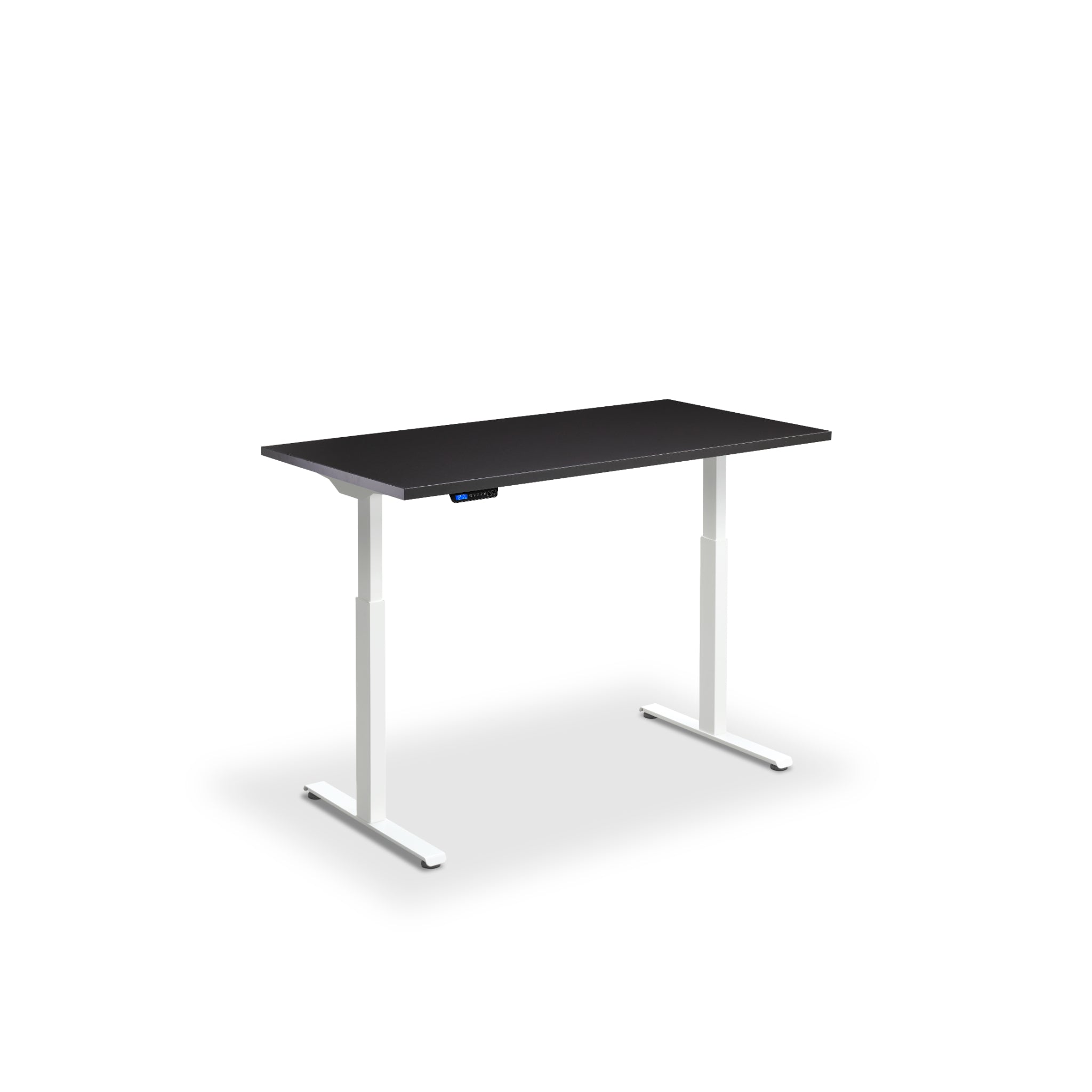 Quiet motor standing desk with white frame and soft black desktop