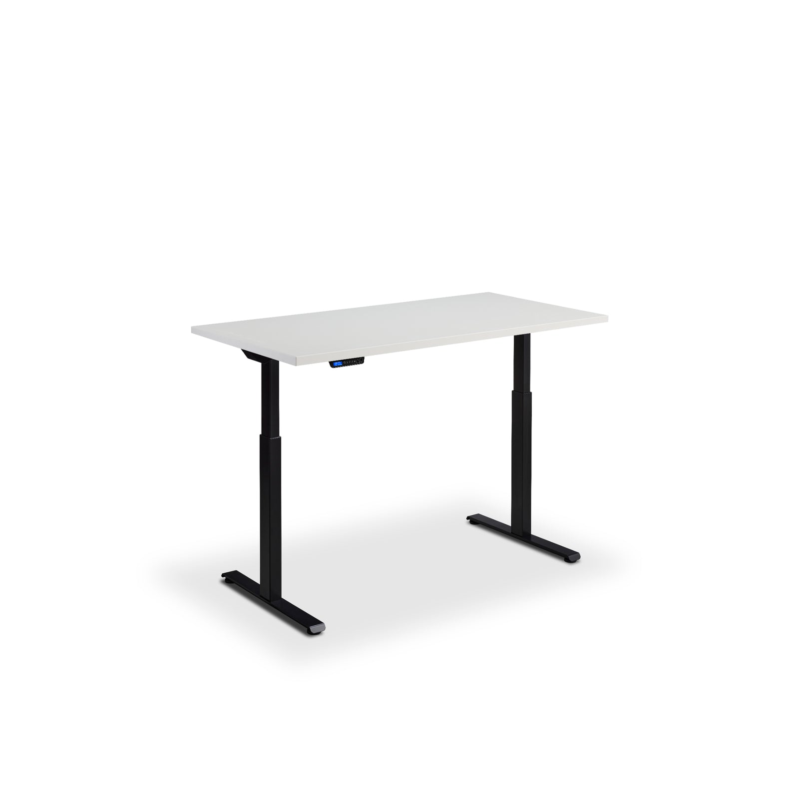 Quiet motor standing desk with black frame and light grey desktop