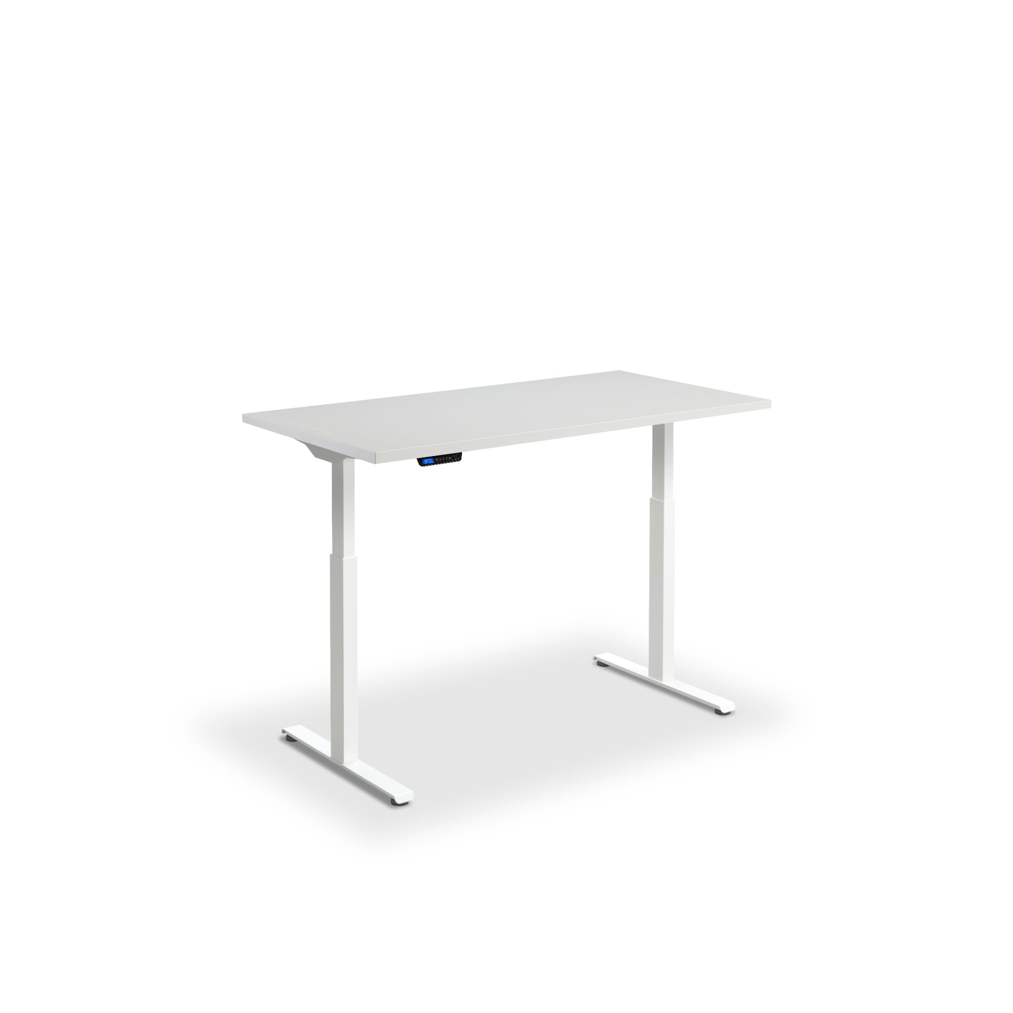 Quiet motor standing desk with white frame and light grey desktop
