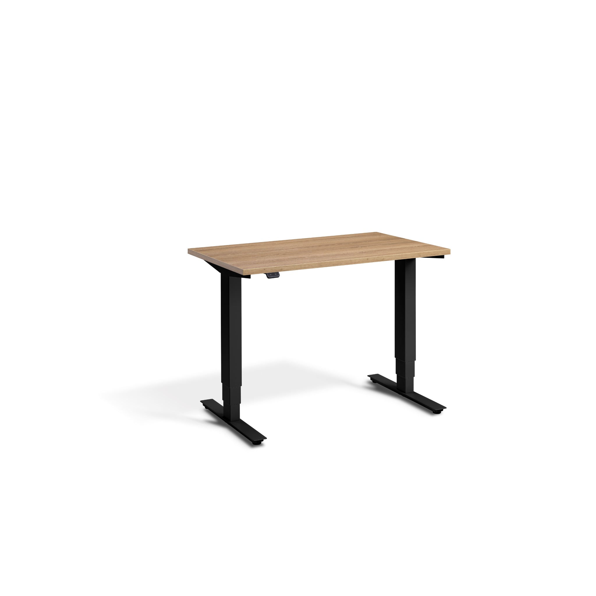 Quiet Compact Desk with Black Frame and Brown Oak Desktop