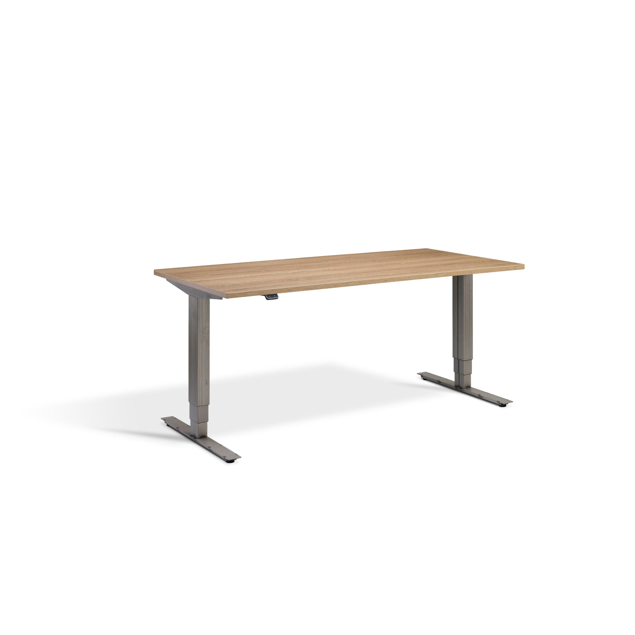 Quiet Motor Standing Desk with Raw Steel Frame and Brown Oak Desktop