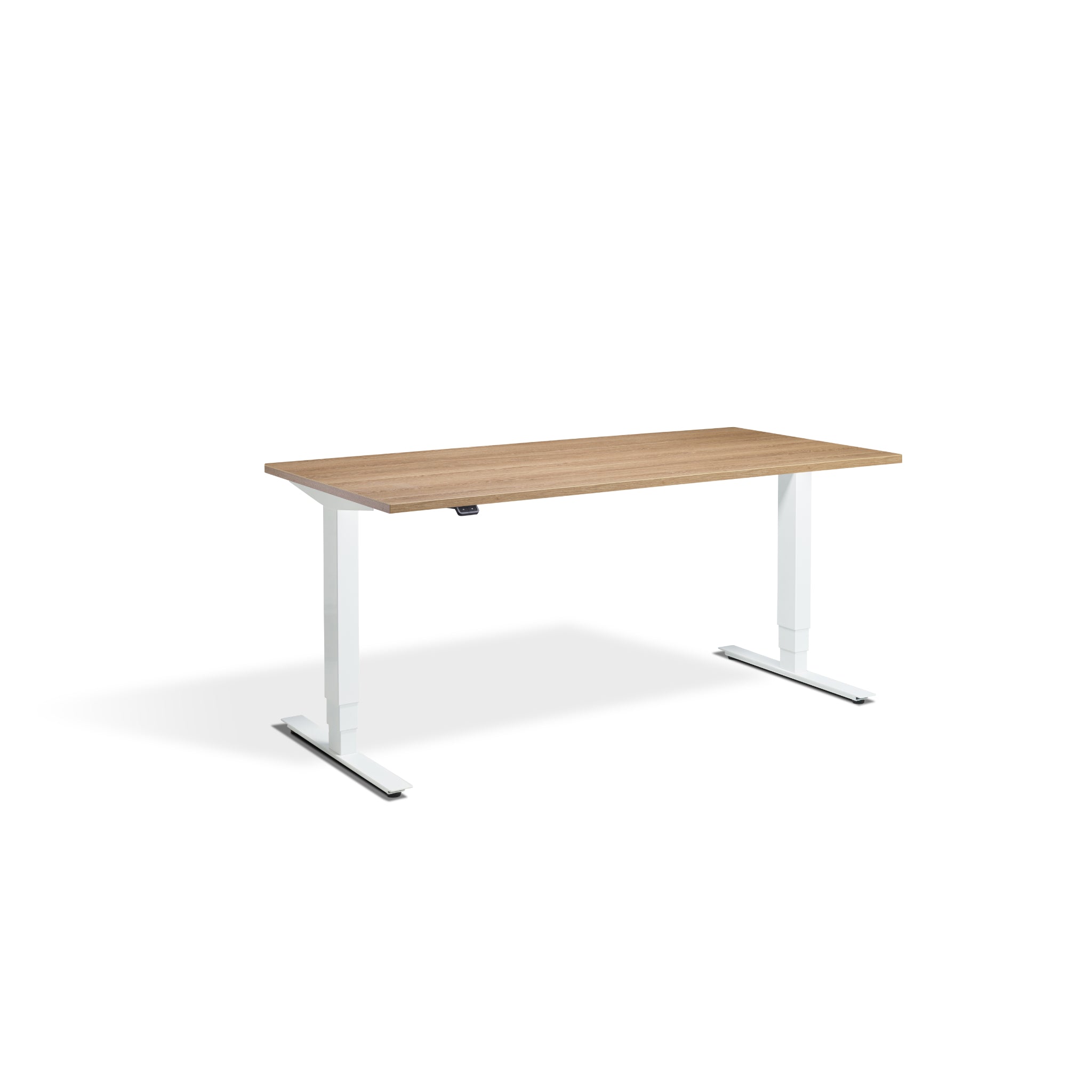 Quiet Motor Standing Desk with White Frame and Brown Oak Desktop