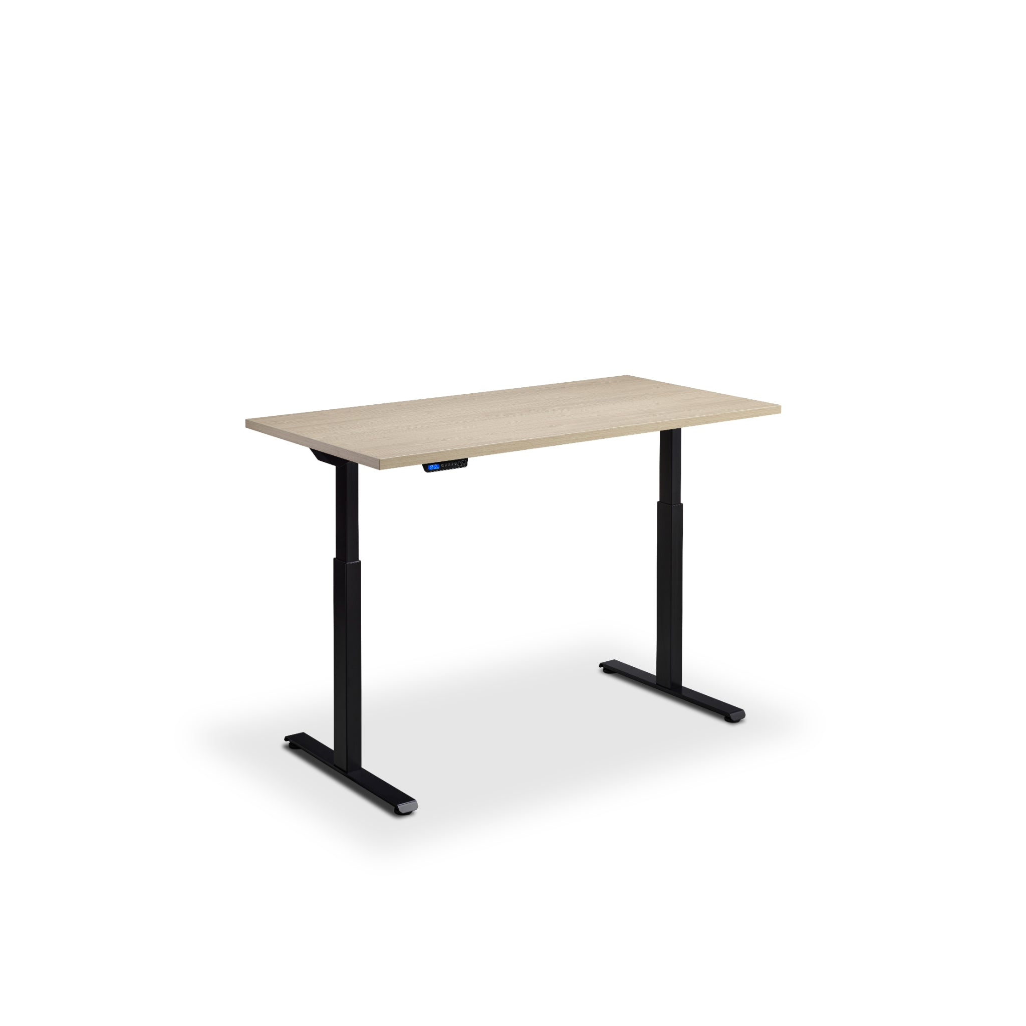 Quiet motor standing desk with black frame and natural oak desktop
