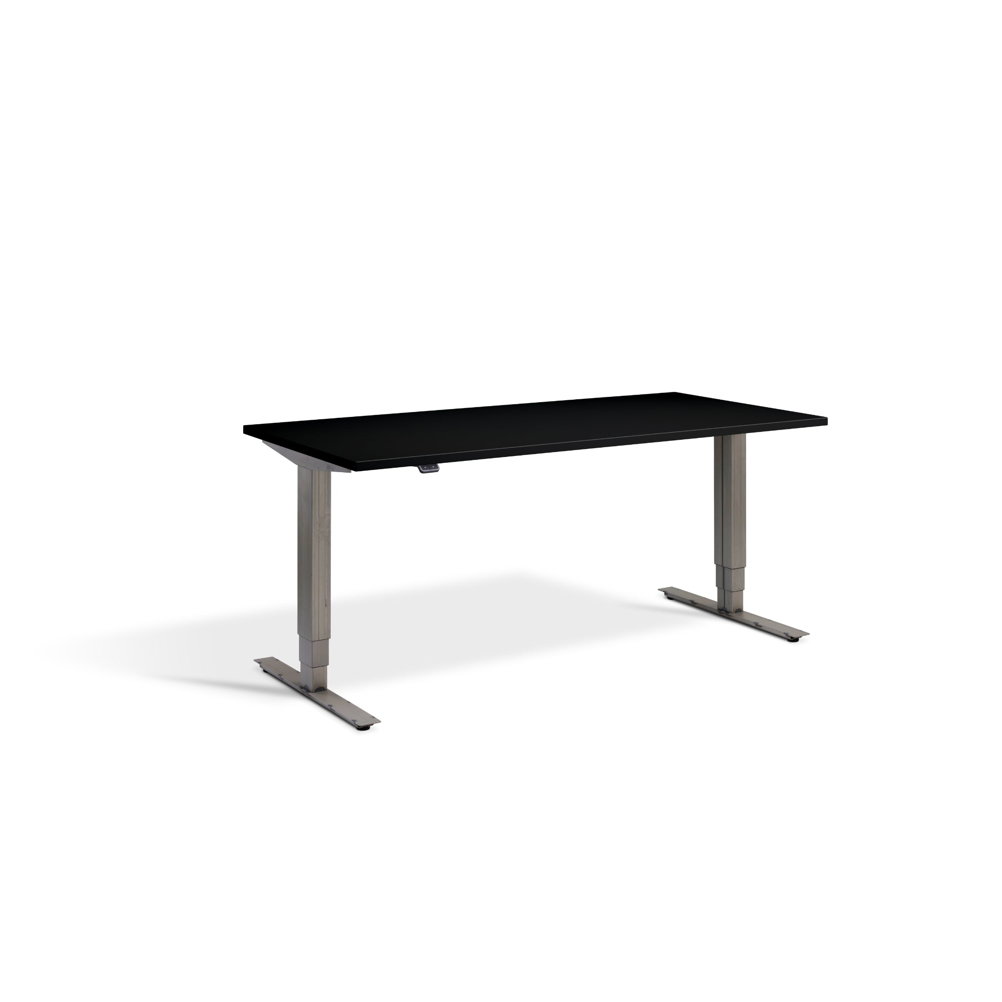 Quiet Motor Standing Desk with Raw Steel Frame and Black Desktop