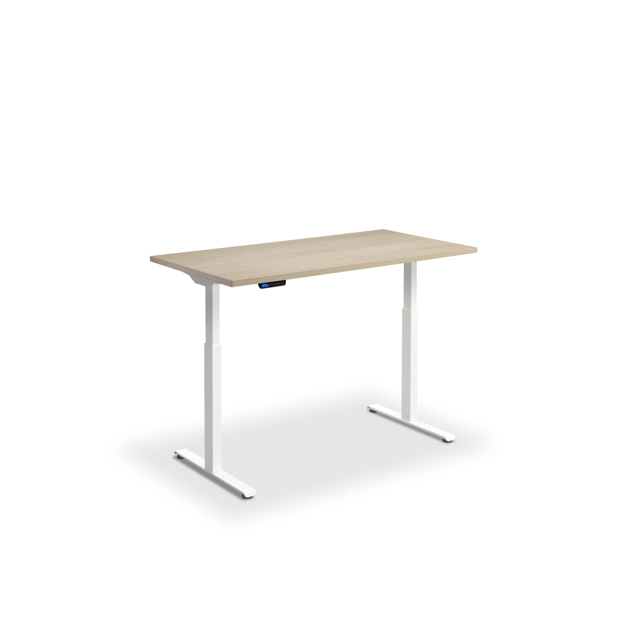 Quiet motor standing desk with white frame and natural oak desktop