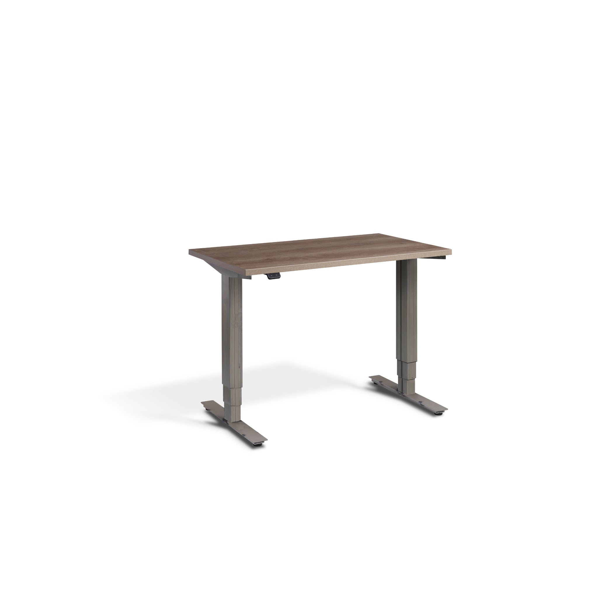 Quiet Compact Desk with Raw Steel Frame and Grey Nebraska Oak Desktop