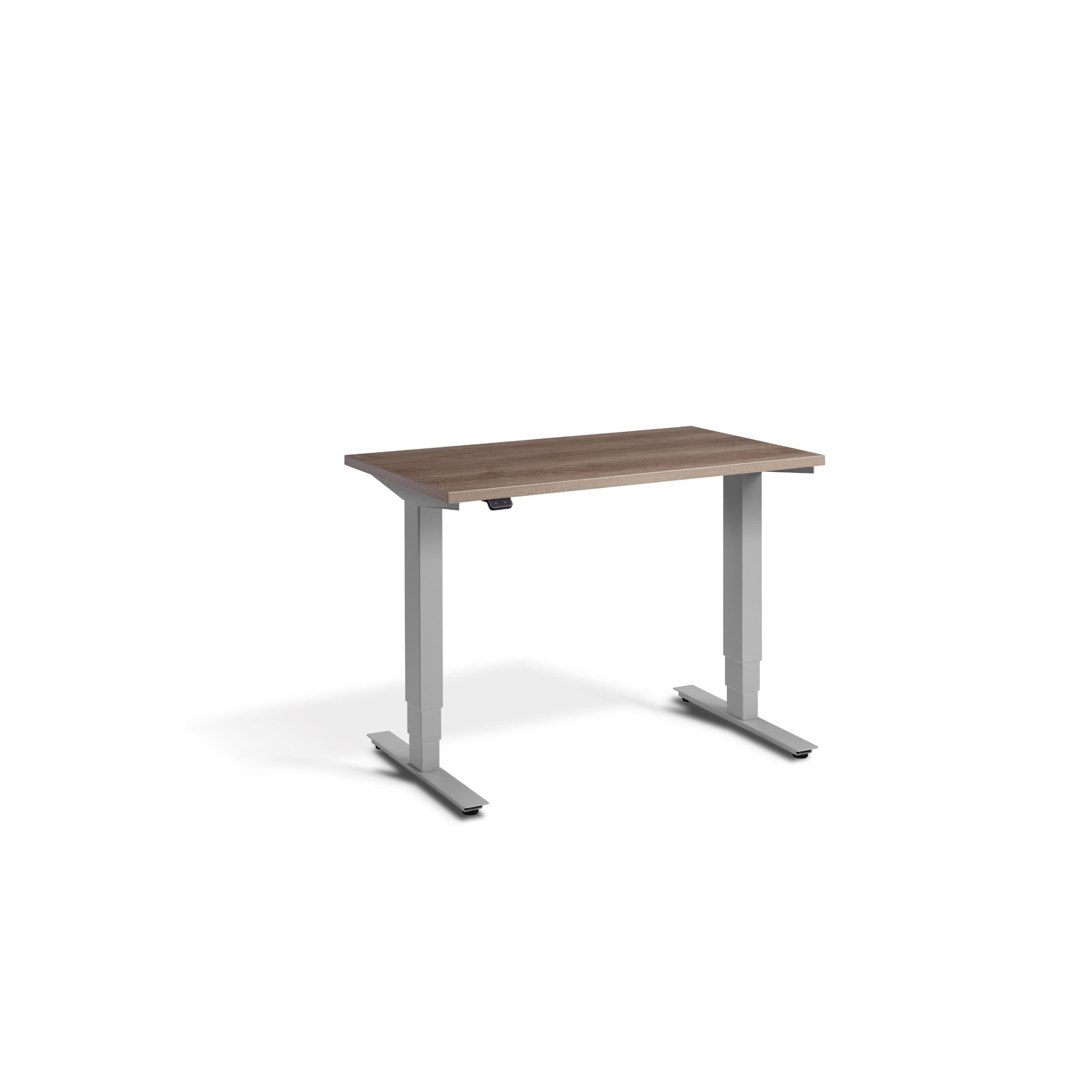 Quiet Compact Desk with Silver Frame and Grey Nebraska Oak Desktop