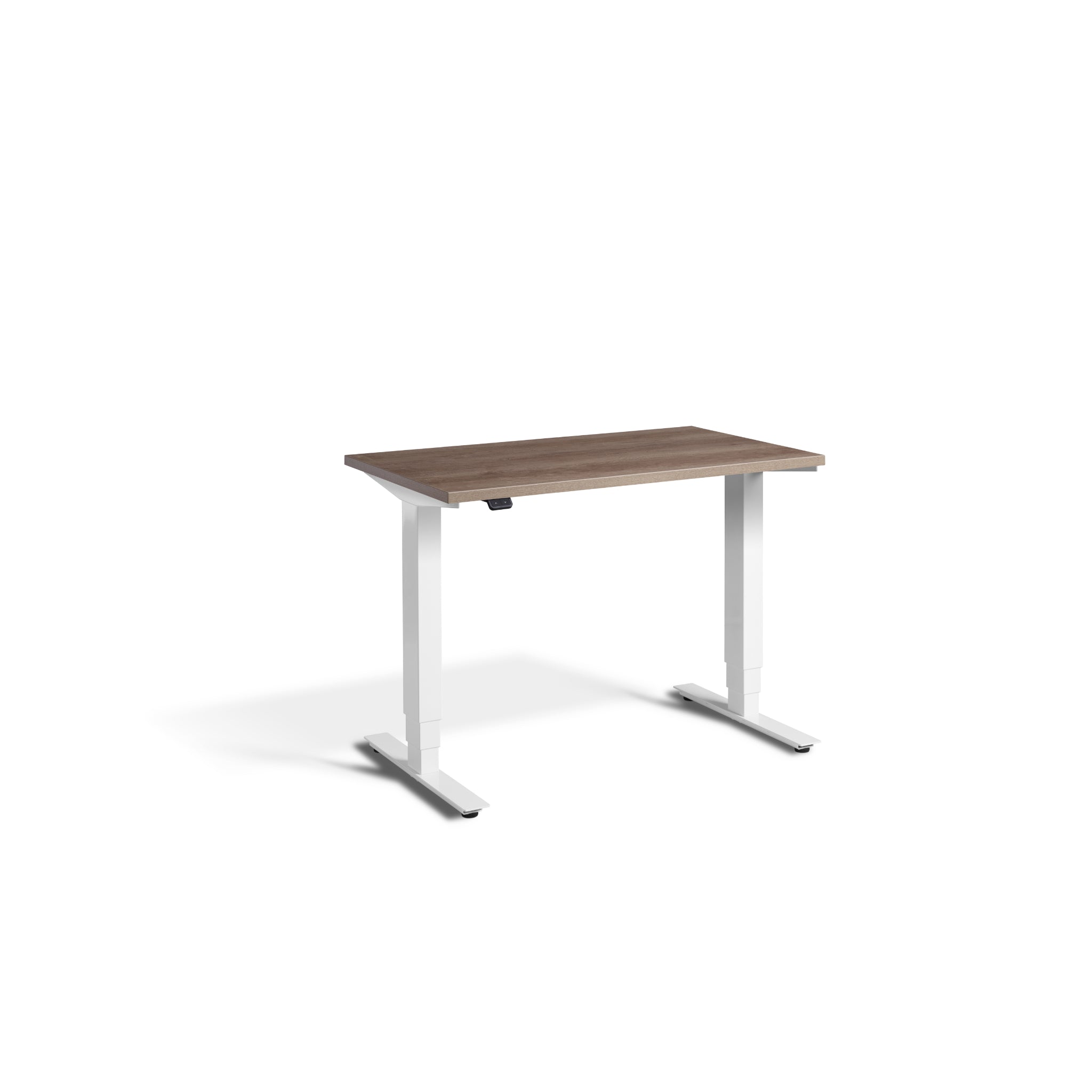 Quiet Compact Desk with White Frame and Grey Nebraska Oak Desktop