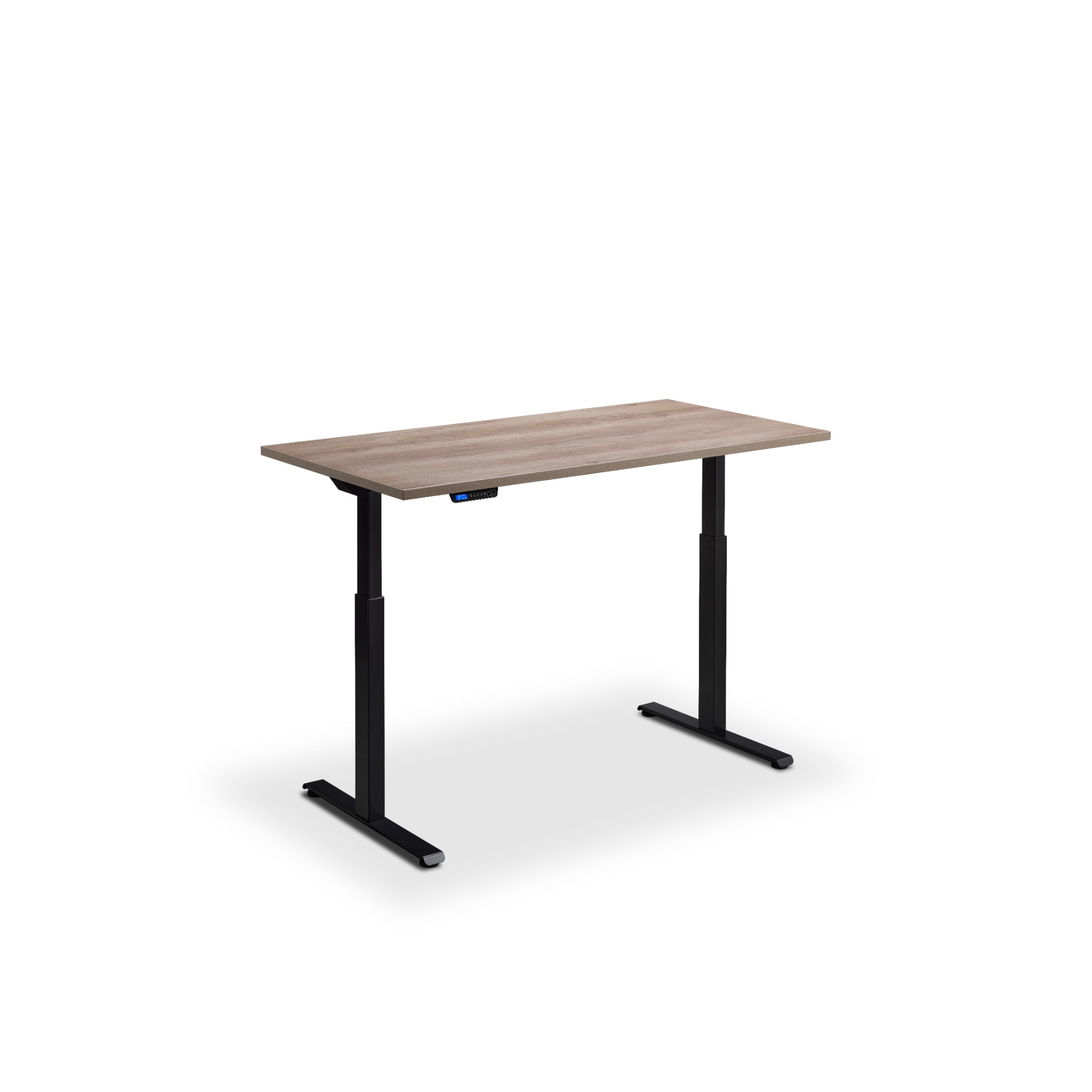 Quiet motor standing desk with black frame and grey Nebraska oak desktop