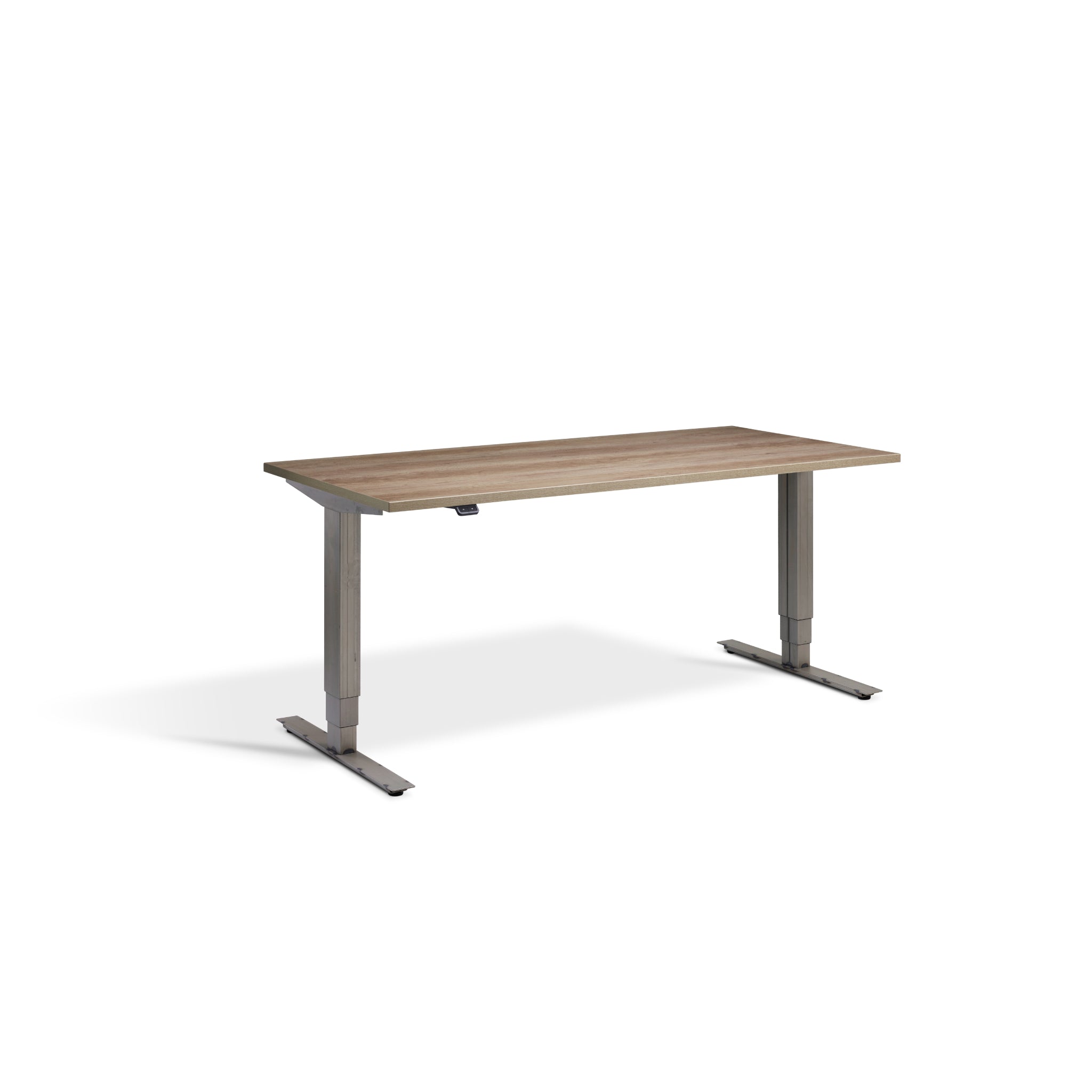 Quiet Motor Standing Desk with Raw Steel Frame and Grey Nebraska Oak Desktop