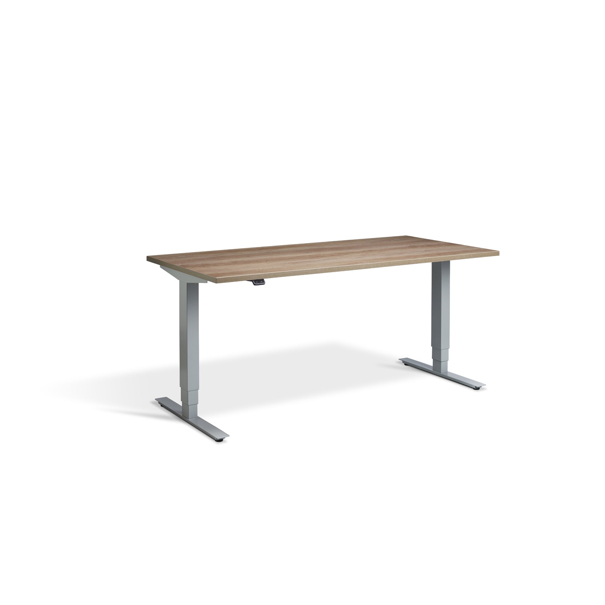 Quiet Motor Standing Desk with Silver Frame and Grey Nebraska Oak Desktop
