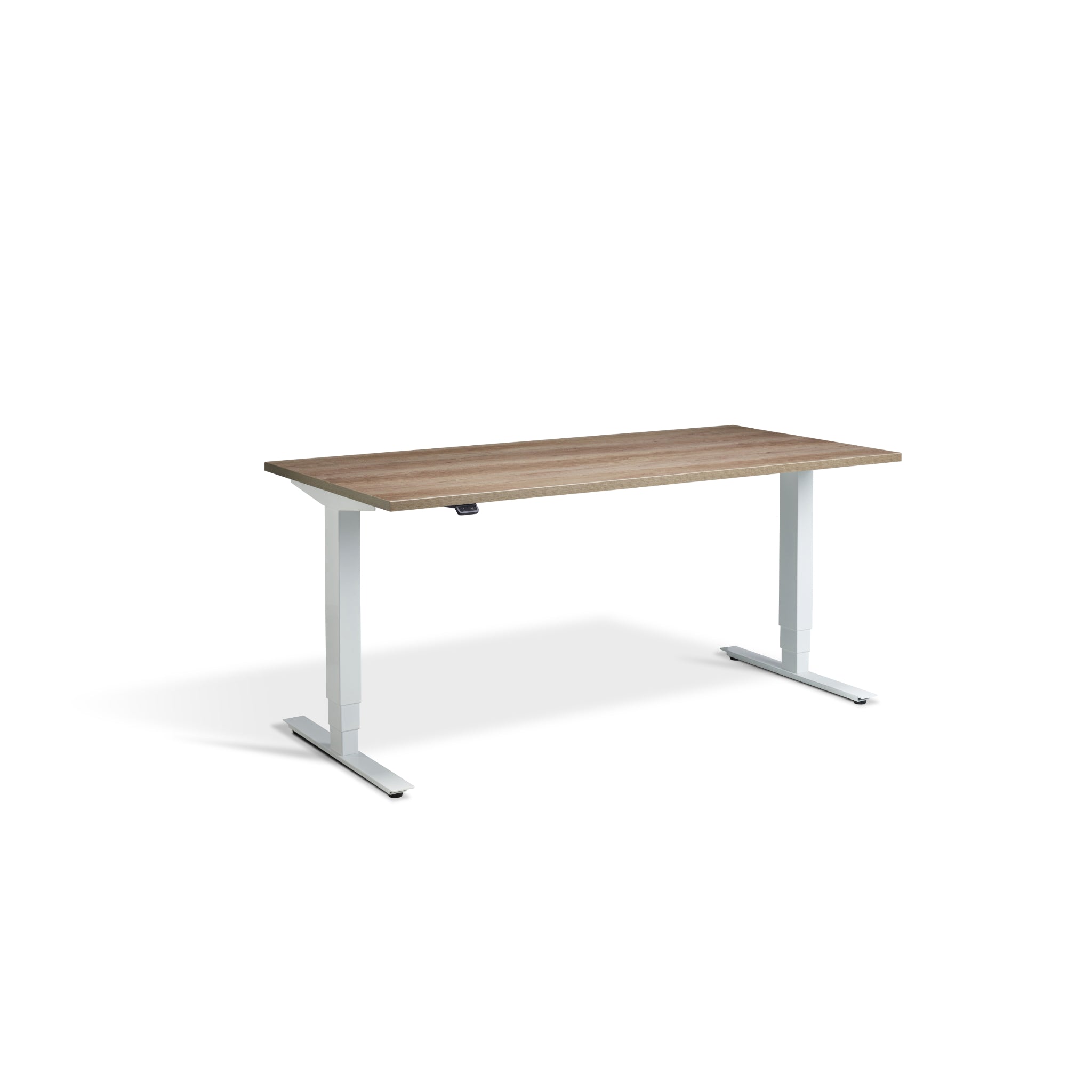 Quiet Motor Standing Desk with White Frame and Grey Nebraska Oak Desktop