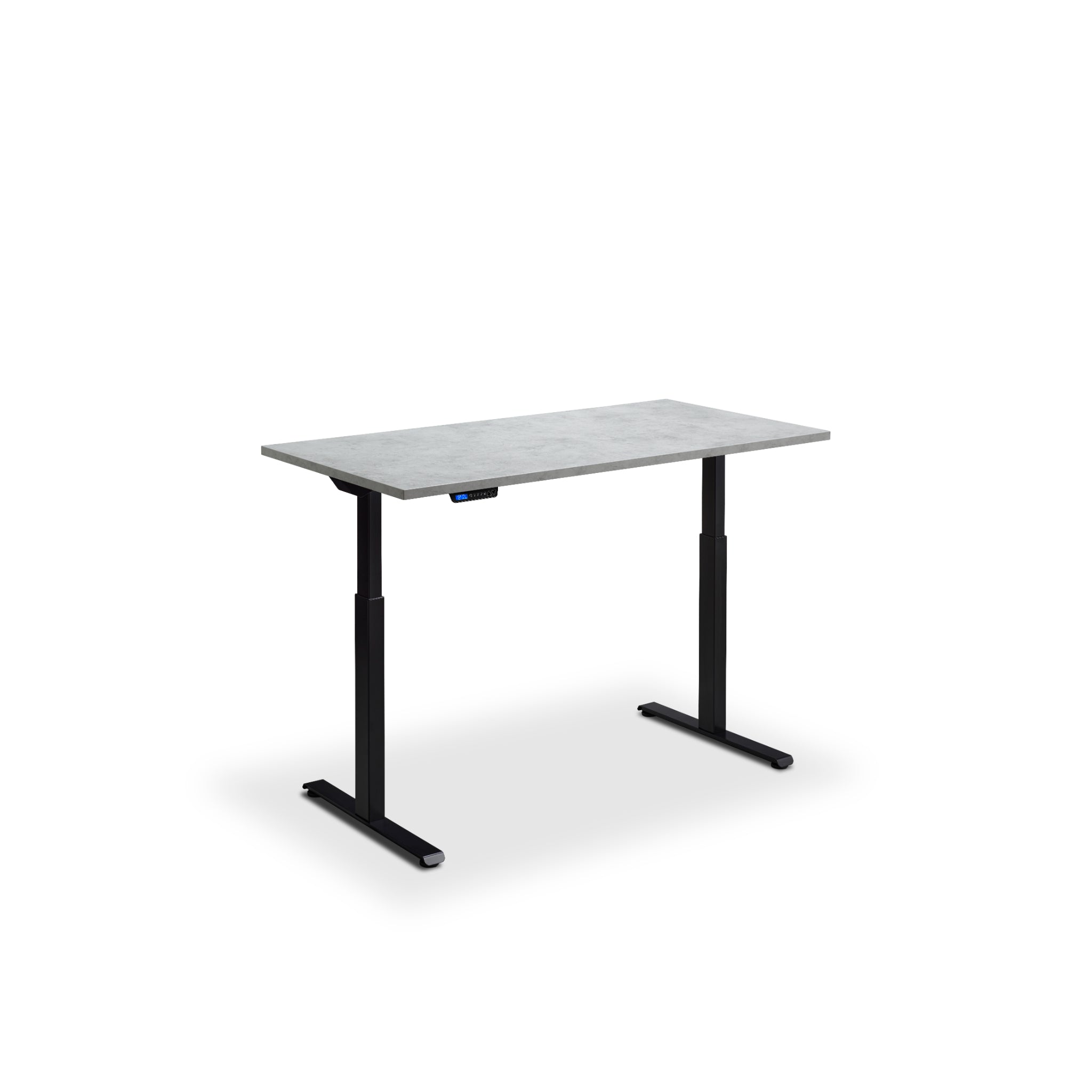 Quiet motor standing desk with black frame and light concrete desktop