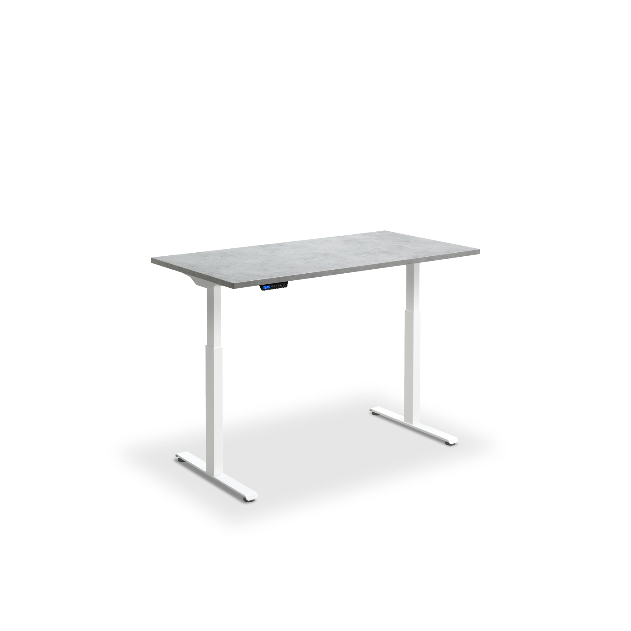 Quiet motor standing desk with white frame and light concrete desktop