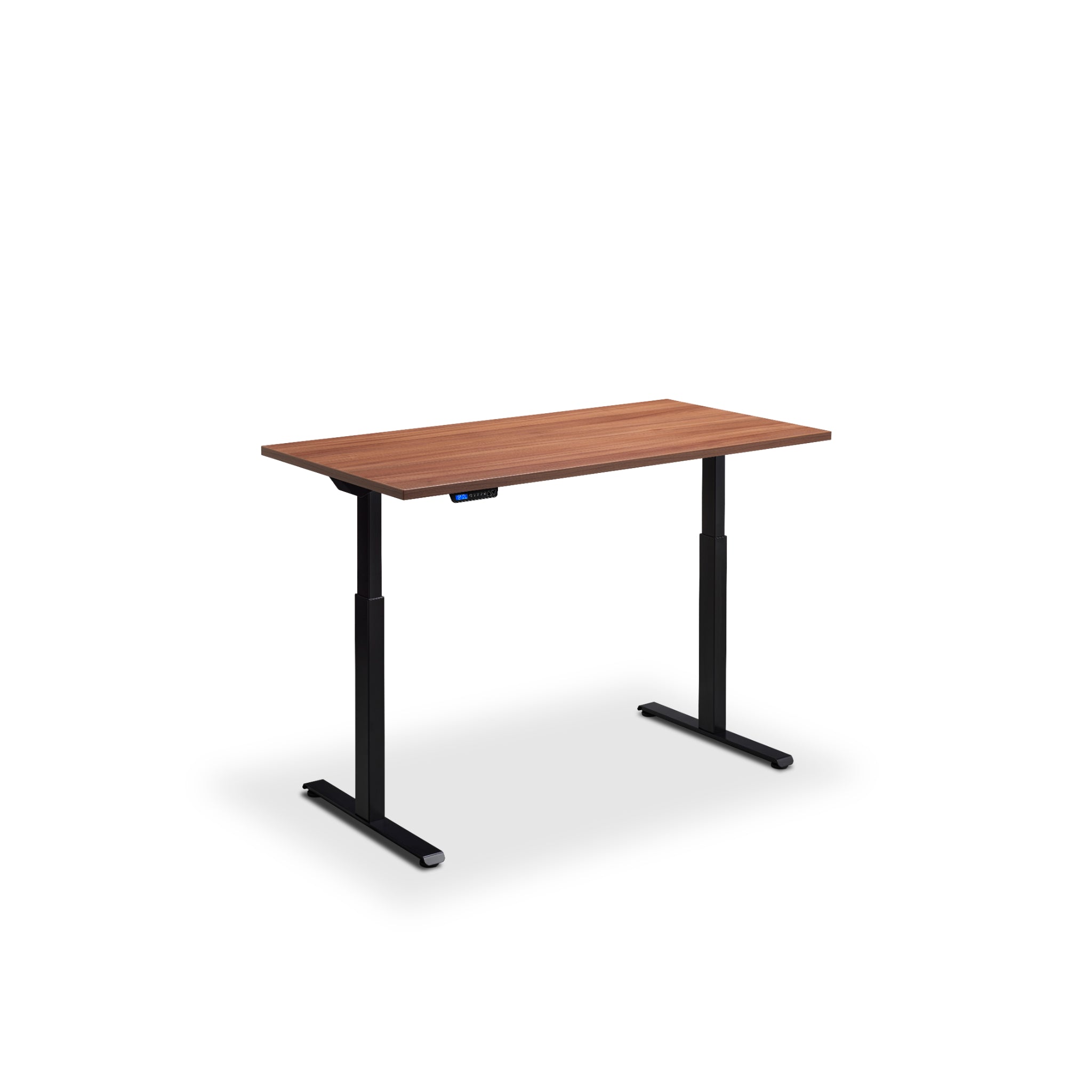 Quiet motor standing desk with black frame and natural Dijon walnut desktop