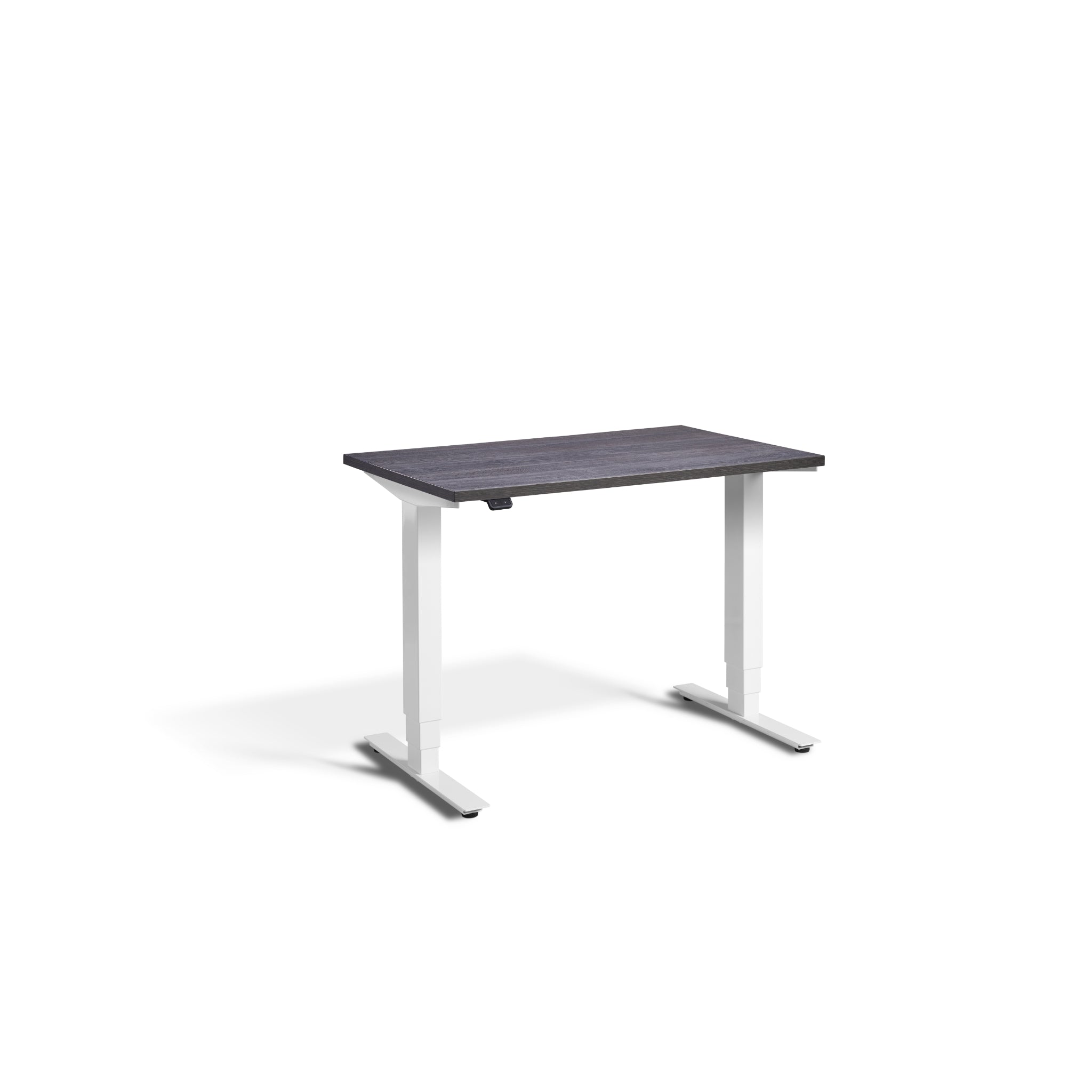 Quiet Compact Desk with White Frame and Anthracite Sherman Oak Desktop