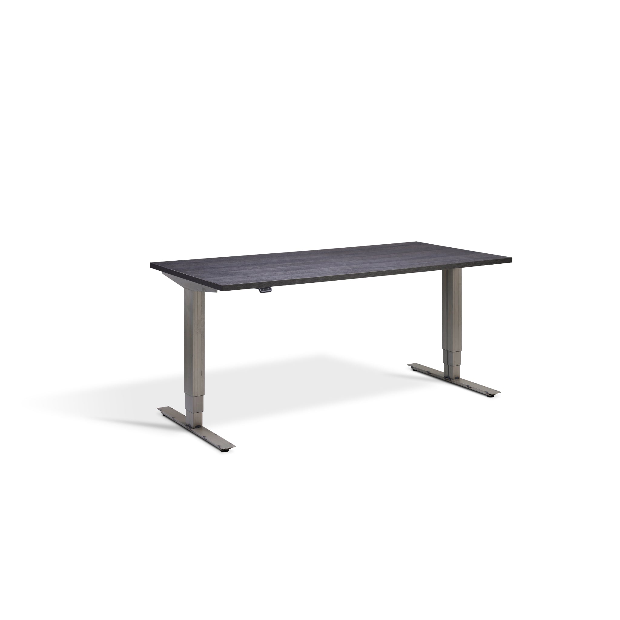 Quiet Motor Standing Desk with Raw Steel Frame and Anthracite Sherman Oak Desktop