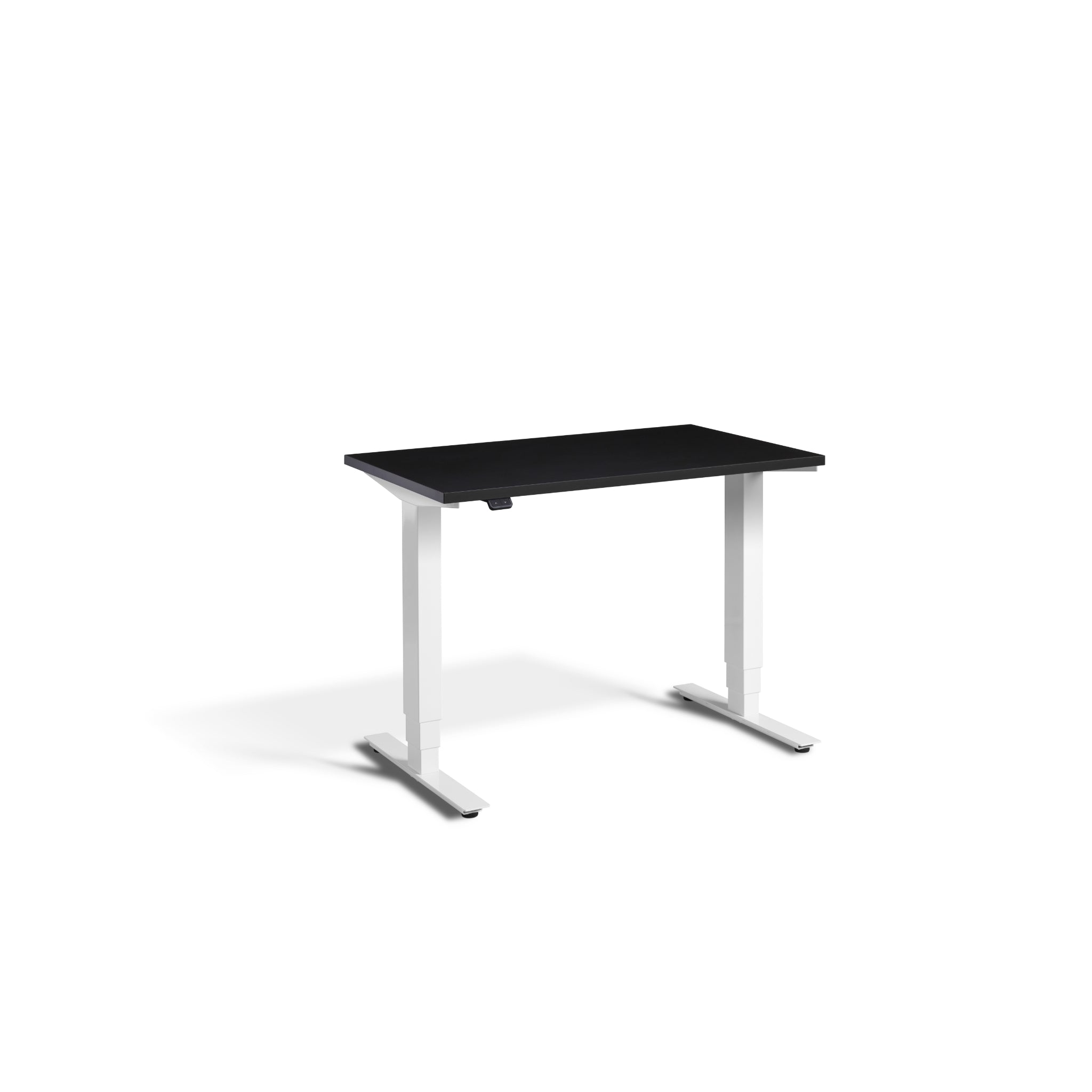 Quiet Compact Desk with White Frame and Soft Black Desktop