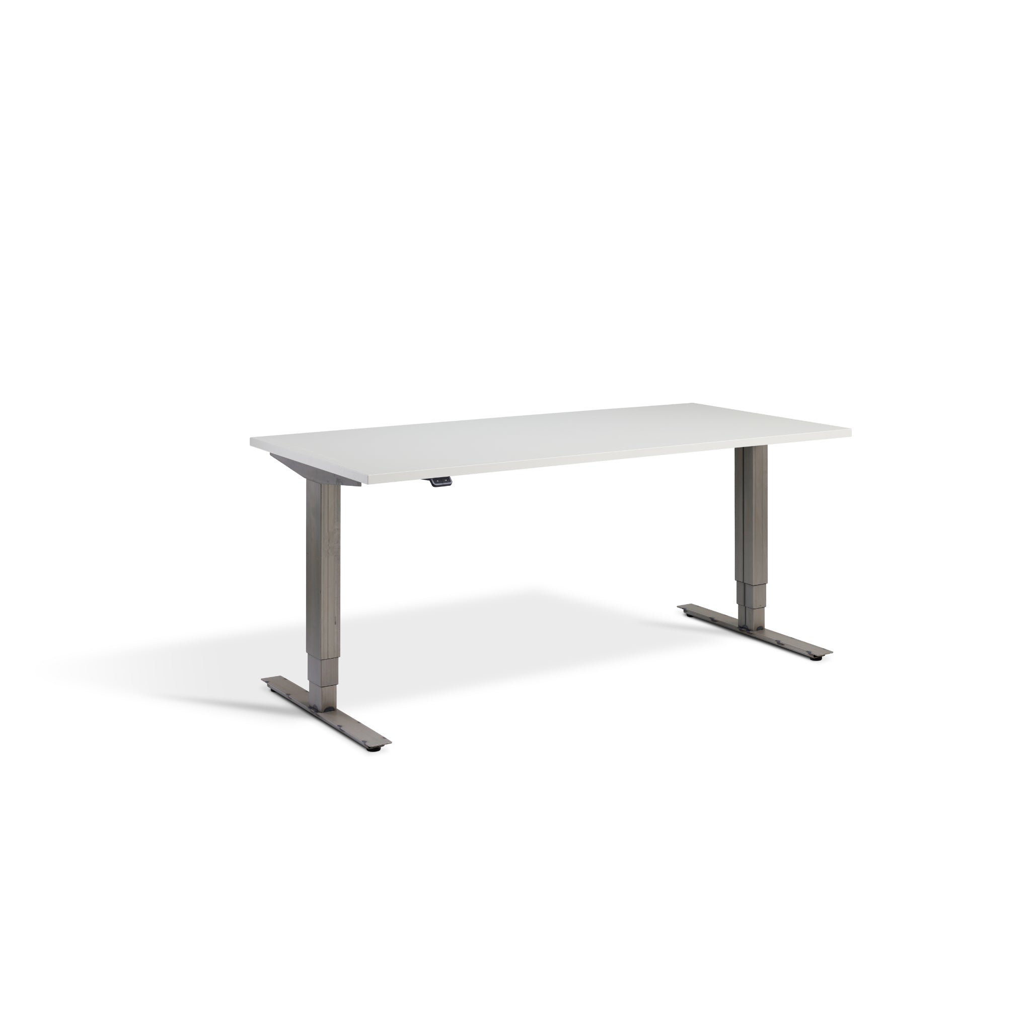 Quiet Motor Standing Desk with Raw Steel Frame and Light Grey Desktop