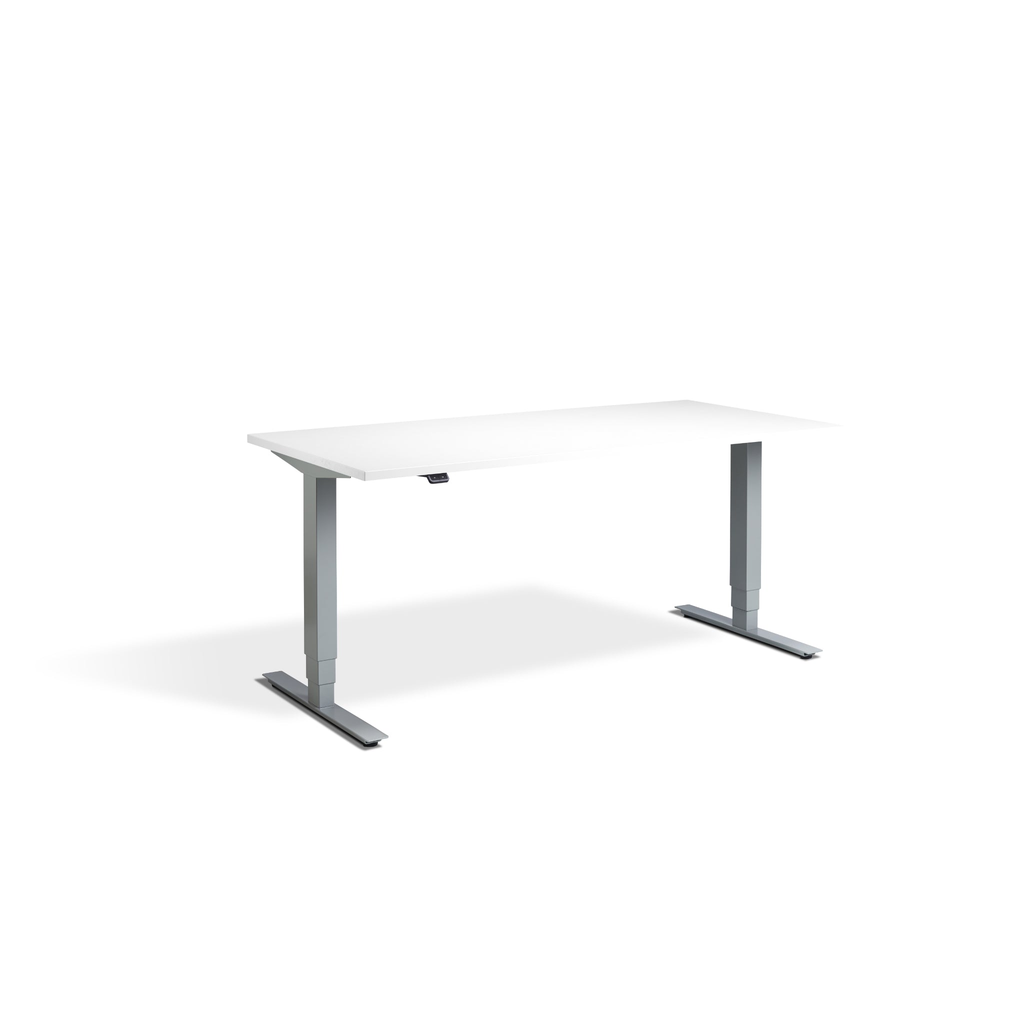 Quiet Motor Standing Desk with Silver Frame and White Desktop