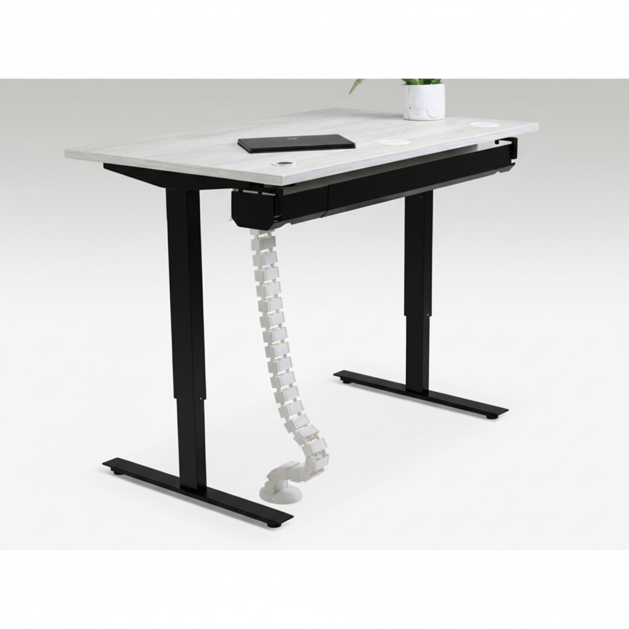 Quiet Motor Standing Desk with cable management feature shown holding device cords neatly with notebook and plant on desktop