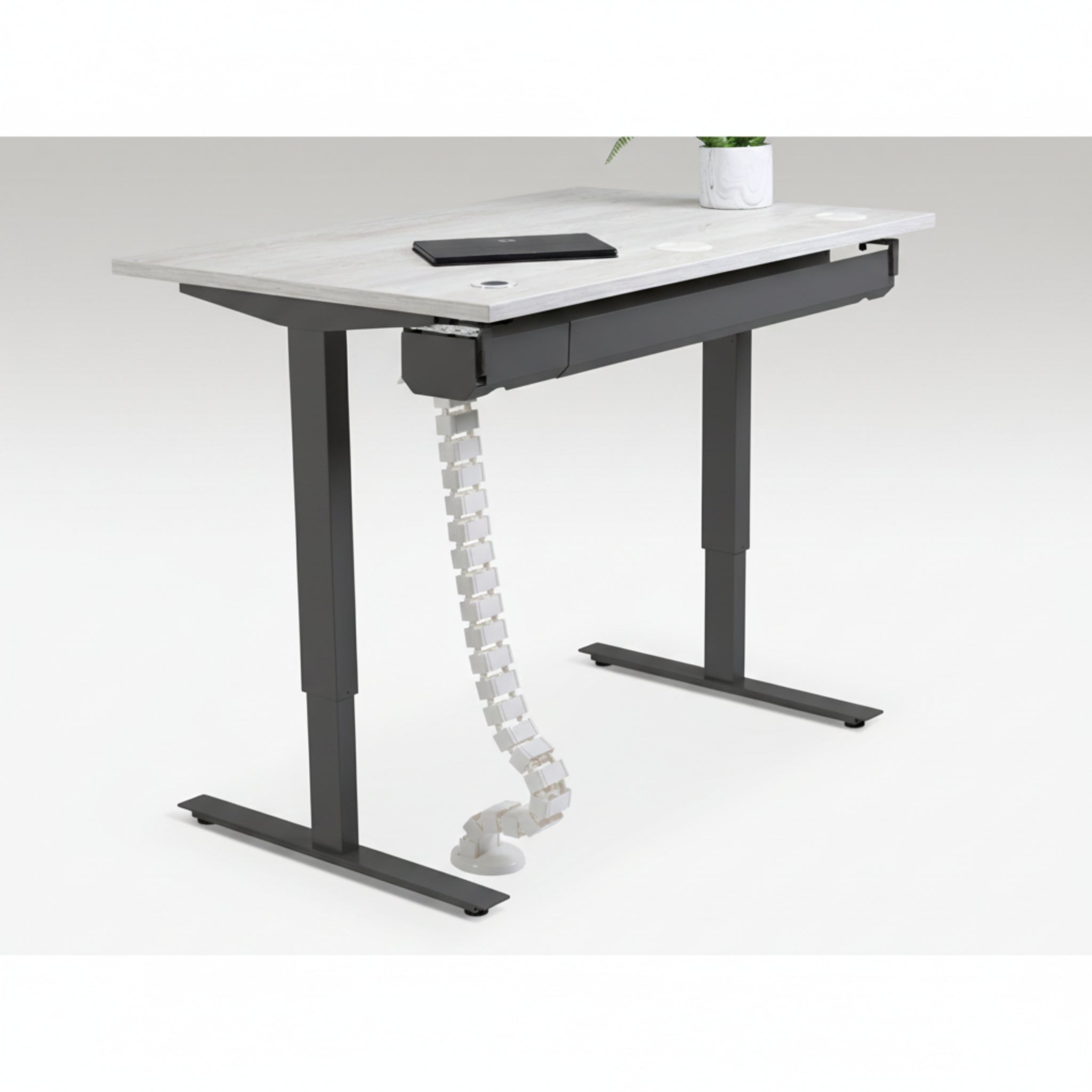 Quiet Motor Standing Desk with cable management feature shown holding device cords neatly with notebook and plant on desktop