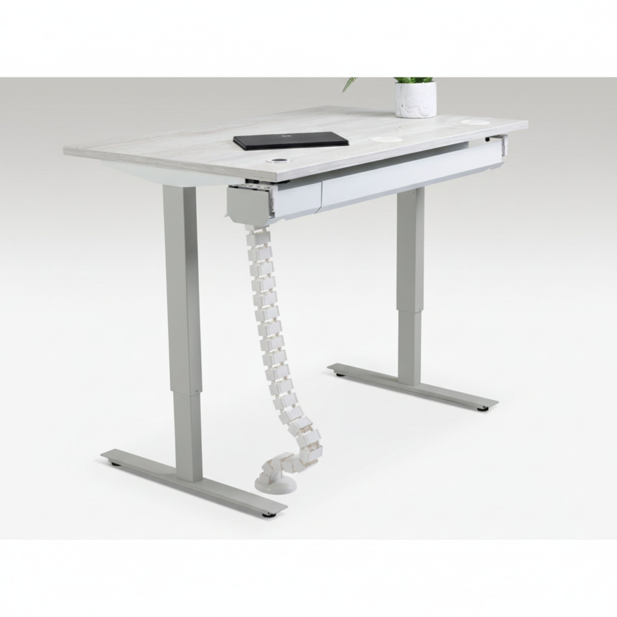Quiet Motor Standing Desk with cable management feature shown holding device cords neatly with notebook and plant on desktop