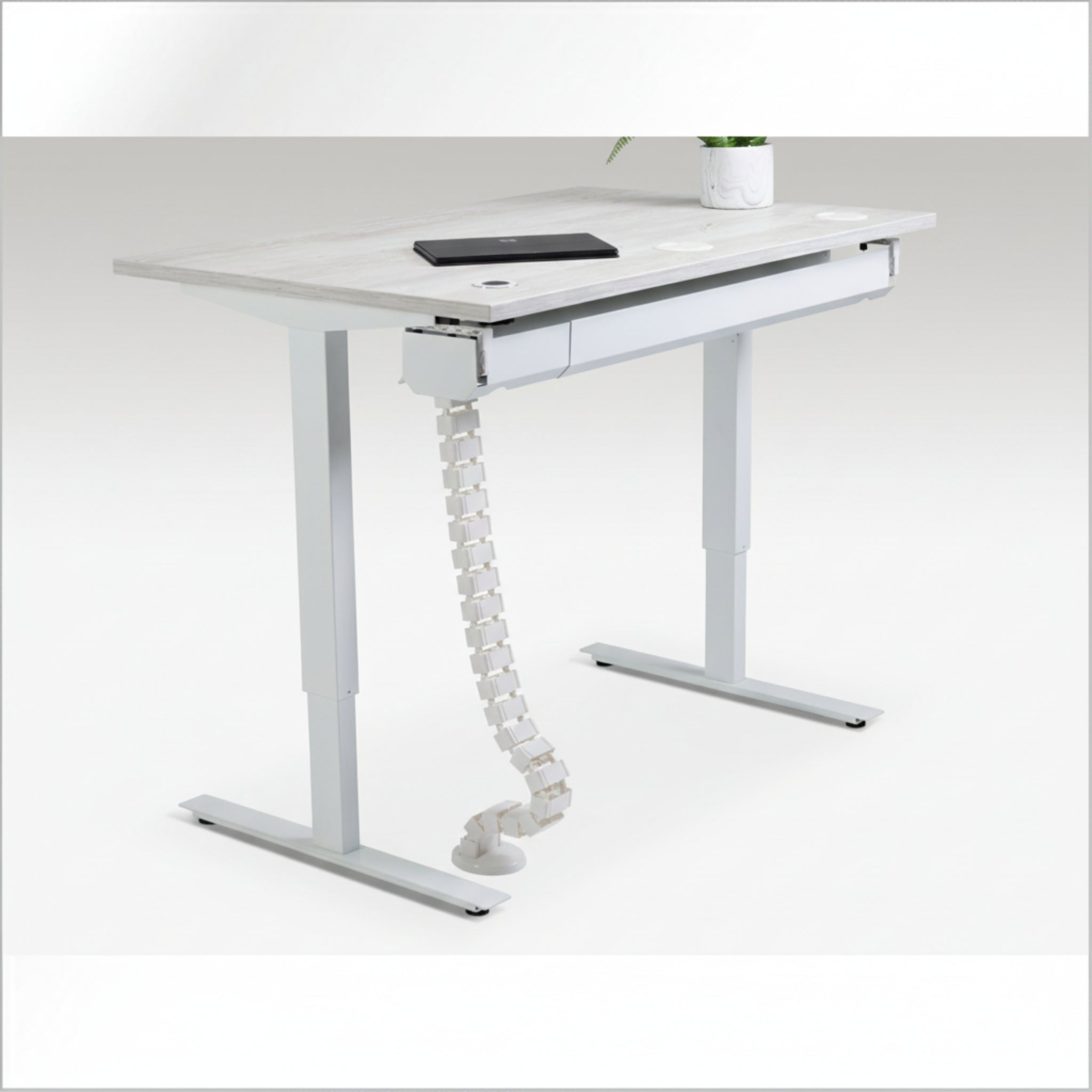 Quiet Motor Standing Desk with cable management feature shown holding device cords neatly with notebook and plant on desktop