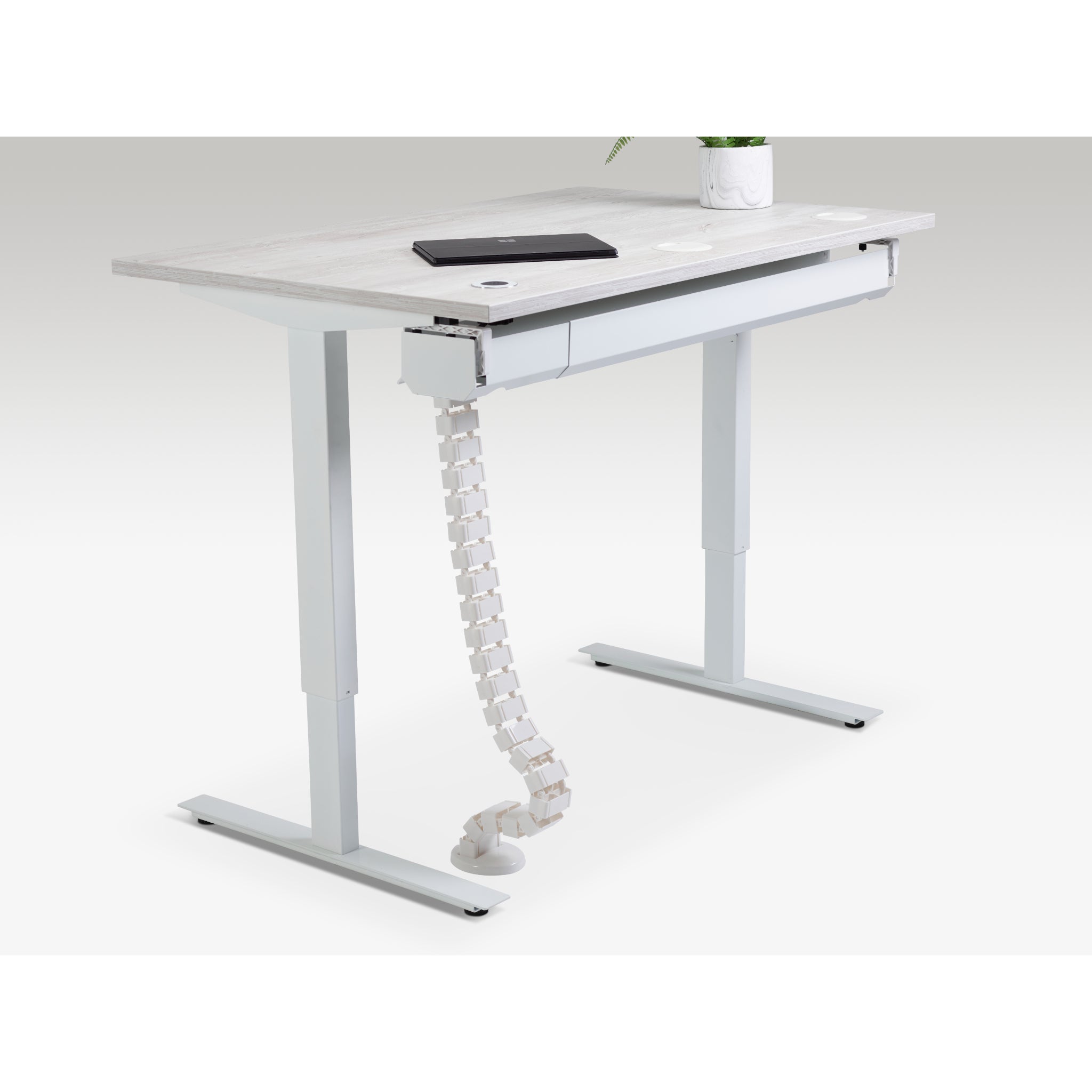 Quiet Motor Standing Desk with cable management feature shown holding device cords neatly with notebook and plant on desktop