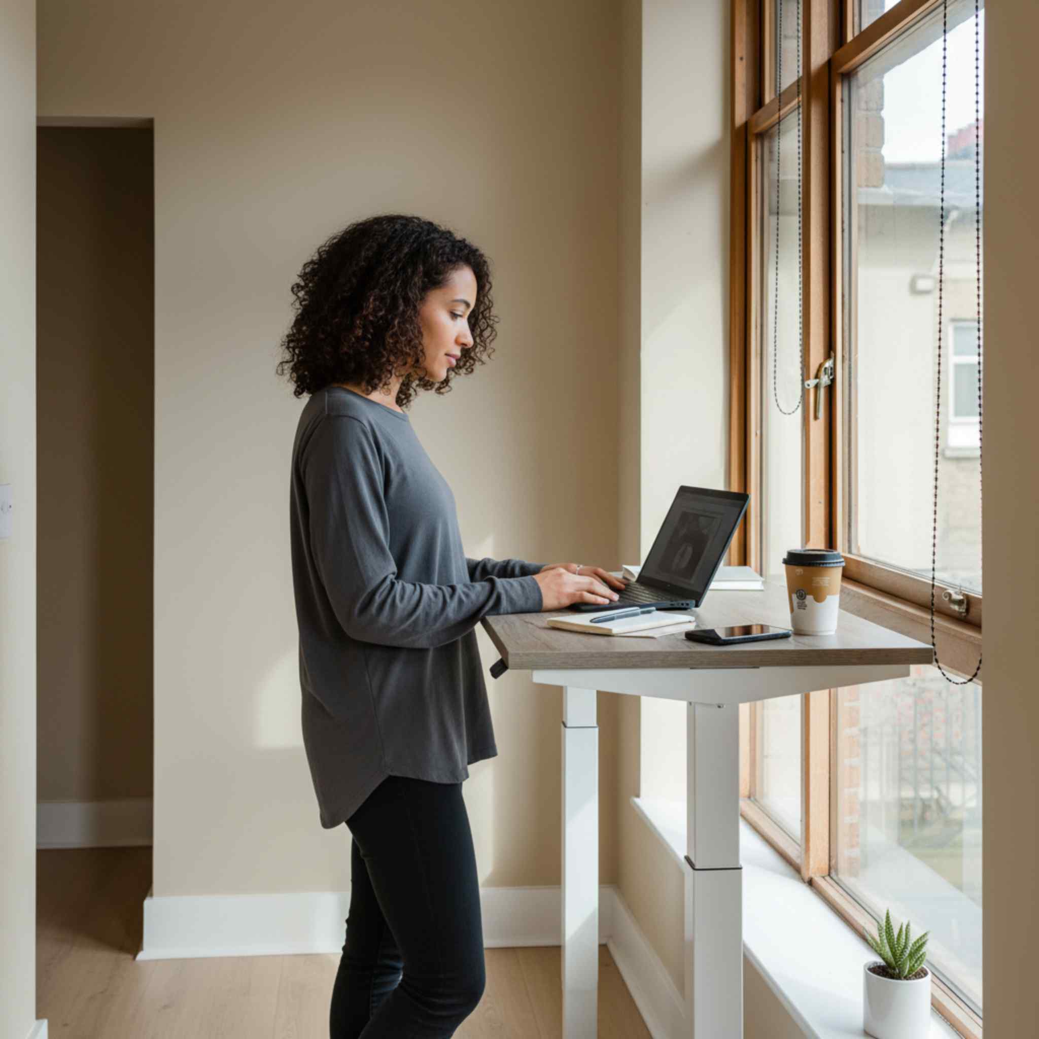 Woman working at a white-frame standing desk in a London flat, shown in a bright Scandinavian-style corner with natural light.