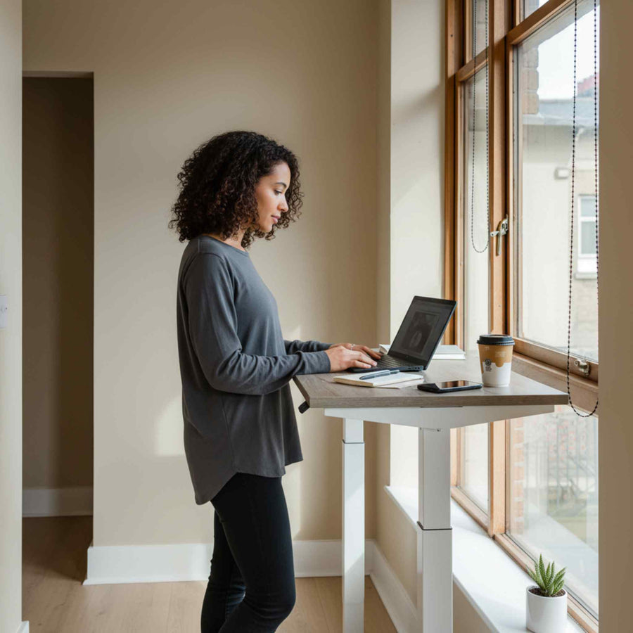 Woman working at a white-frame standing desk in a London flat, shown in a bright Scandinavian-style corner with natural light.