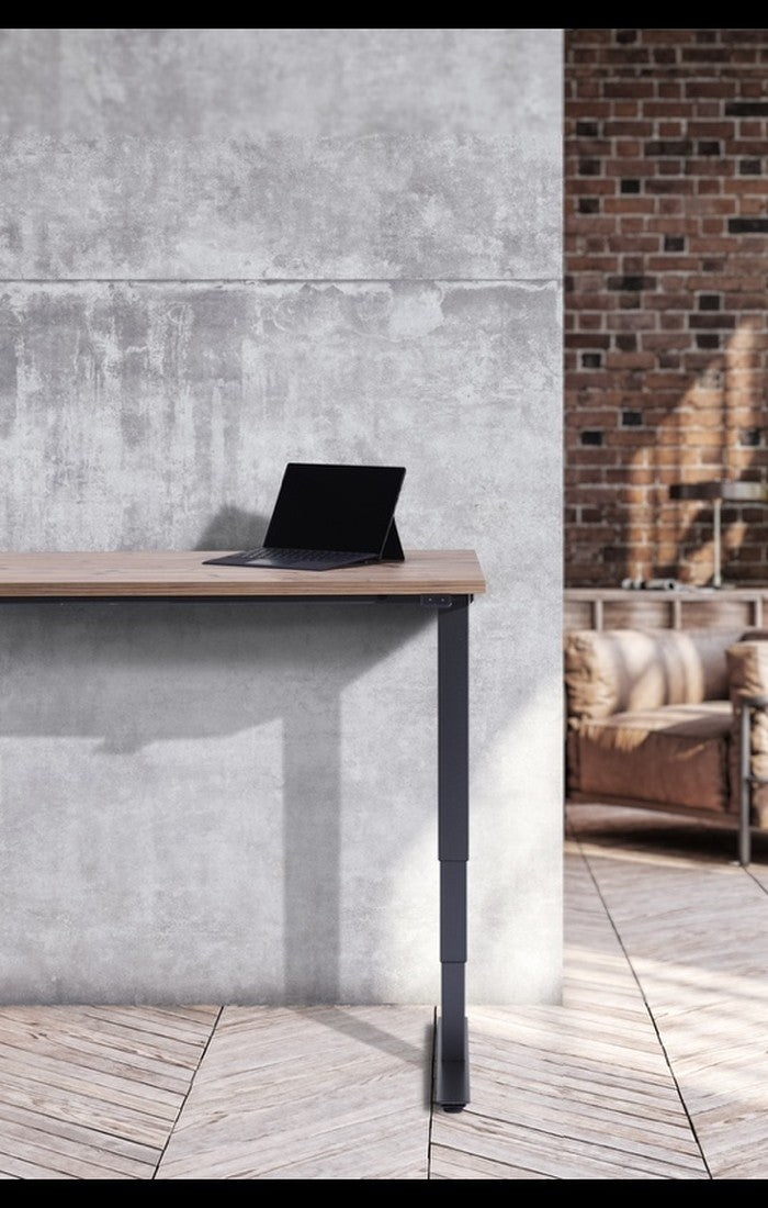 UrbanErgo standing desk in a modern flat with concrete walls, natural light, and greenery