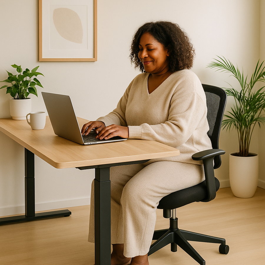 African American woman sitting at a standing desk in a small Scandinavian-style home office with natural light