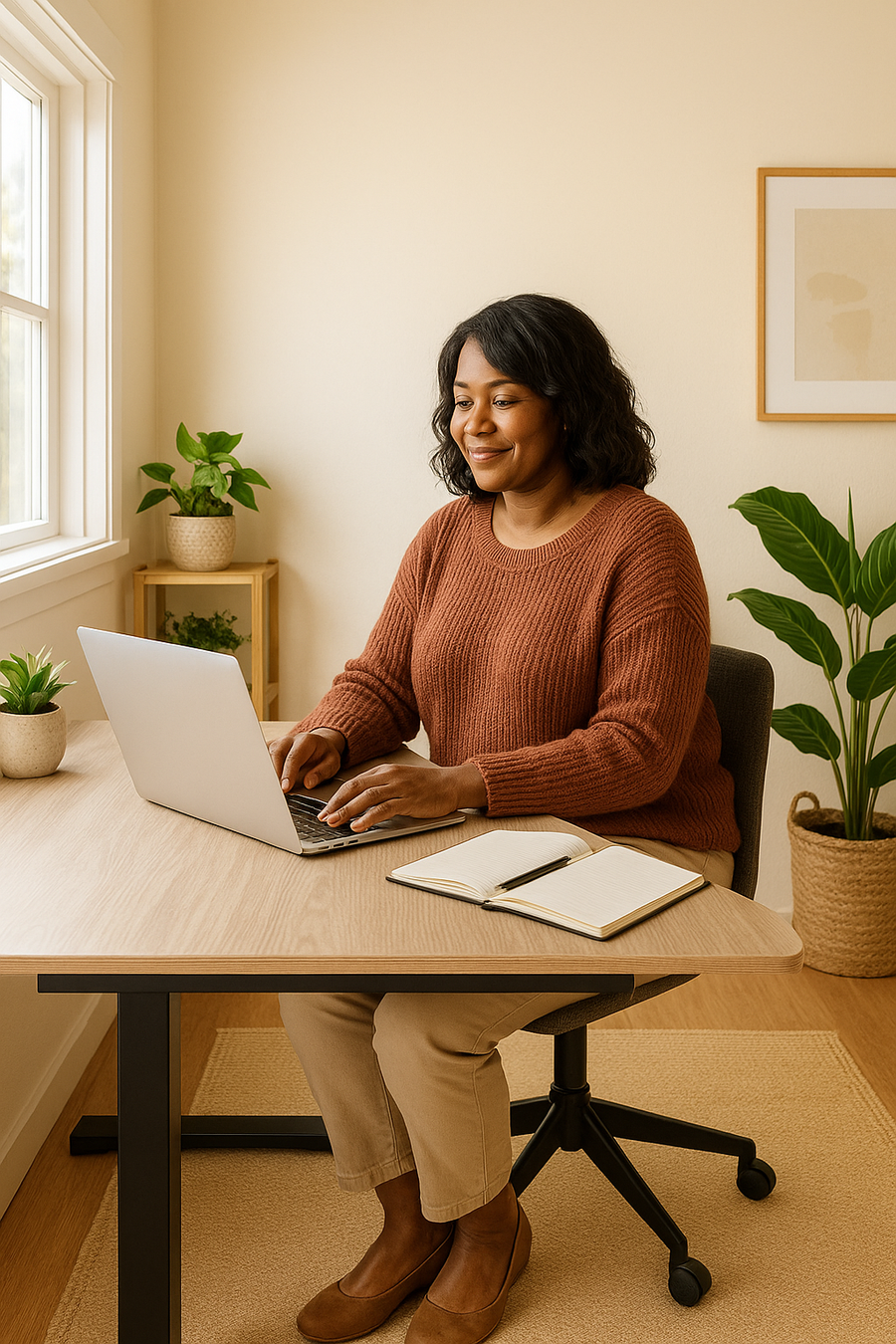 Woman working seated at an electric sit-stand desk in a cosy, well-lit home workspace