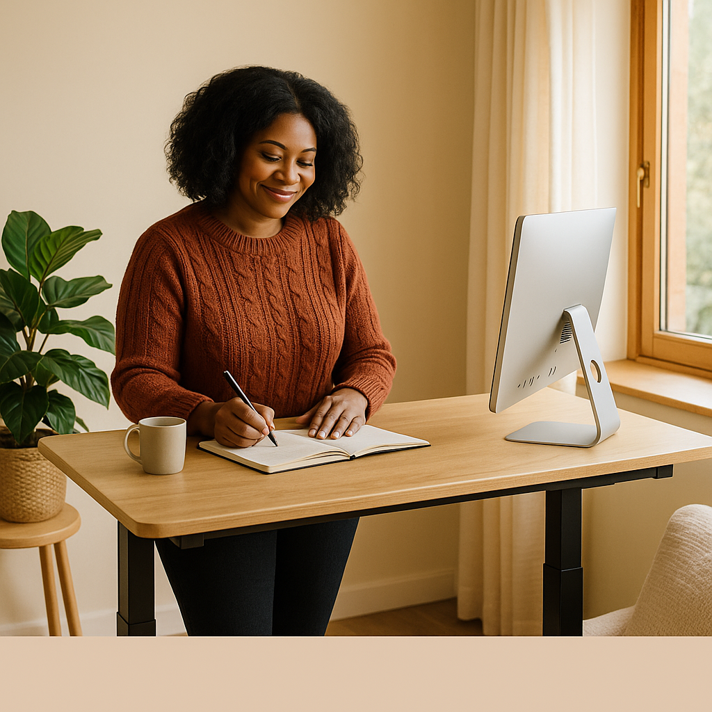 Middle-aged woman standing at a sit-stand desk in a compact Scandinavian-inspired office with natural light