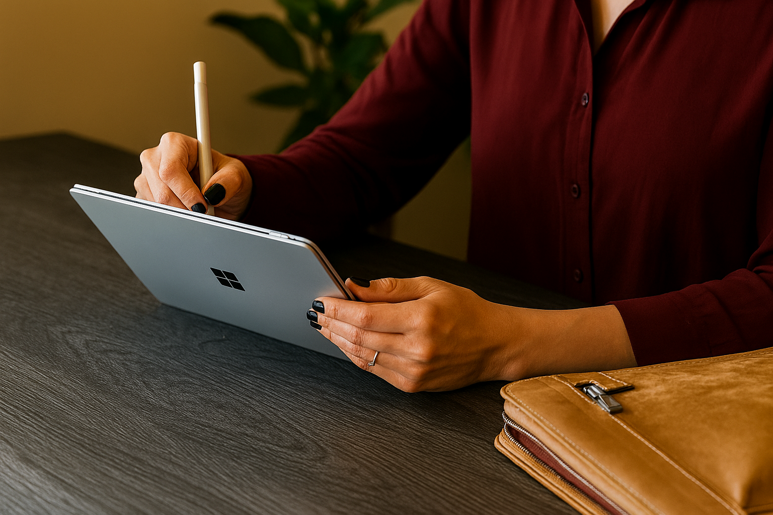 Close-up of a woman using a stylus on a tablet at a textured desk, with a leather laptop sleeve beside her – UrbanErgo minimalist home workspace