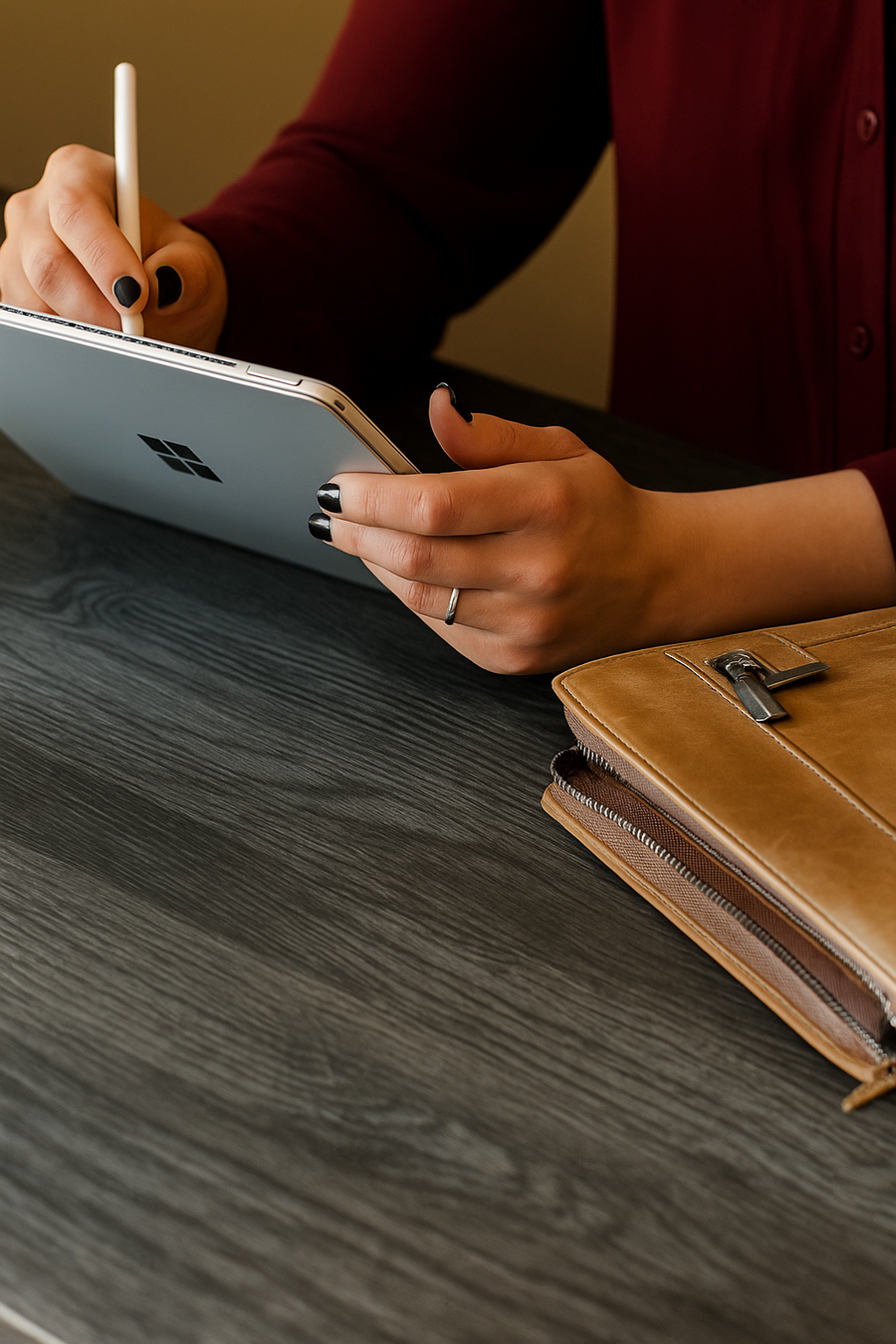 Close-up of a woman using a stylus on a tablet at a textured desk, with a leather laptop sleeve beside her – UrbanErgo minimalist home workspace