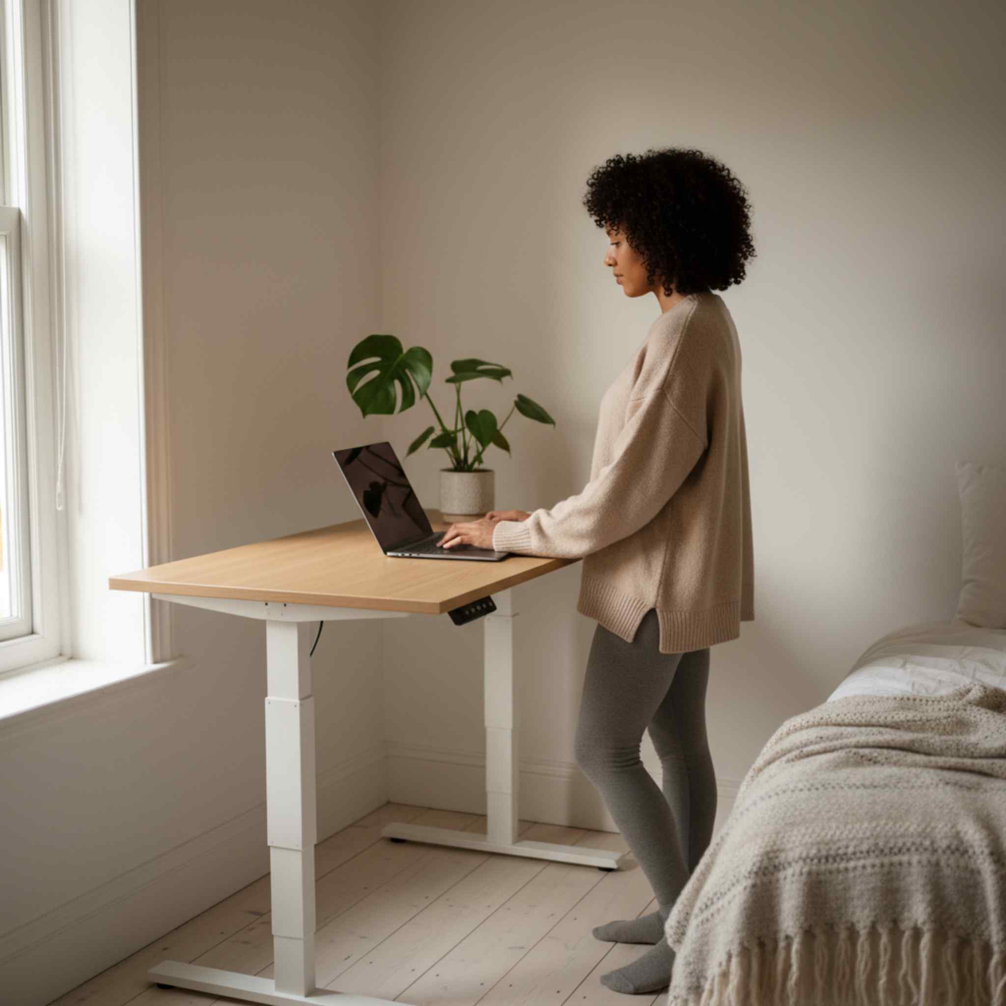 Woman using a Natural Oak UrbanErgo standing desk with a white frame in a small London bedroom.