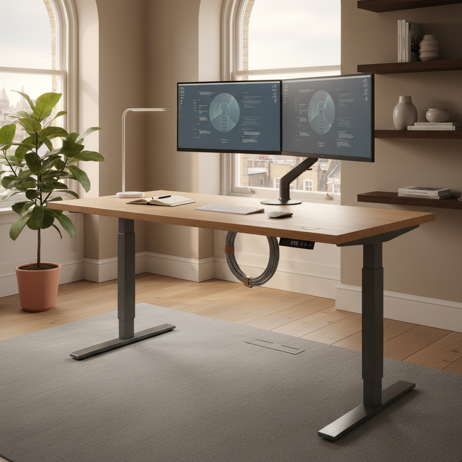 UrbanErgo Signature Standing Desk in a minimalist home office with dual monitors and neutral Scandinavian styling.
